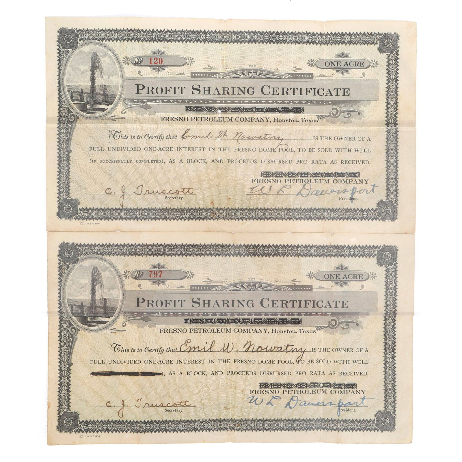 20TH C. PROFIT SHARING CERTIFICATES FRESNO PETRO. CO.: 20TH C. PROFIT SHARING CERTIFICATES FRESNO PETRO. CO. 20th-century profit-sharing certificates for Fresno Petroleum Company of Houston, Texas: #120: Fully Undivided 1 Acre Interest In The Fresno