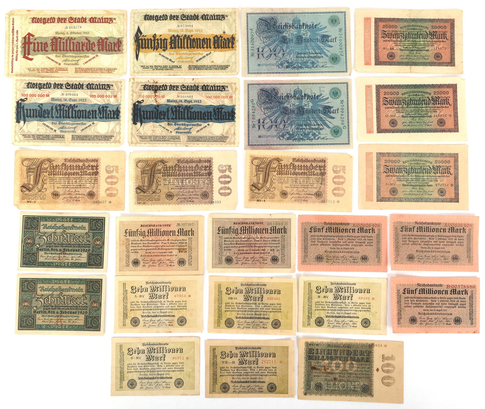1908-1923 GERMAN BANKNOTES: 1908-1923 GERMAN BANKNOTES 20th-century German banknotes: 1908 (2) 100 mark 1920 (2) 10 mark 1923 1 million mark (3) 5 million mark (3) 50 million mark (5) 10 million mark (3) 100 million mark (3)