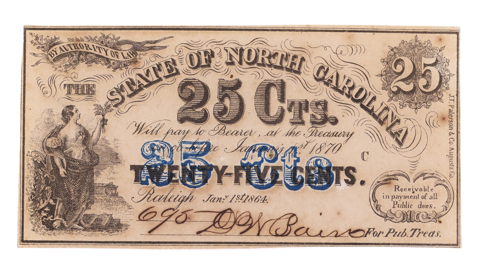 1864 OBSOLETE NORTH CAROLINA 25C FRACTIONAL CURRENCY (1 of 2)
