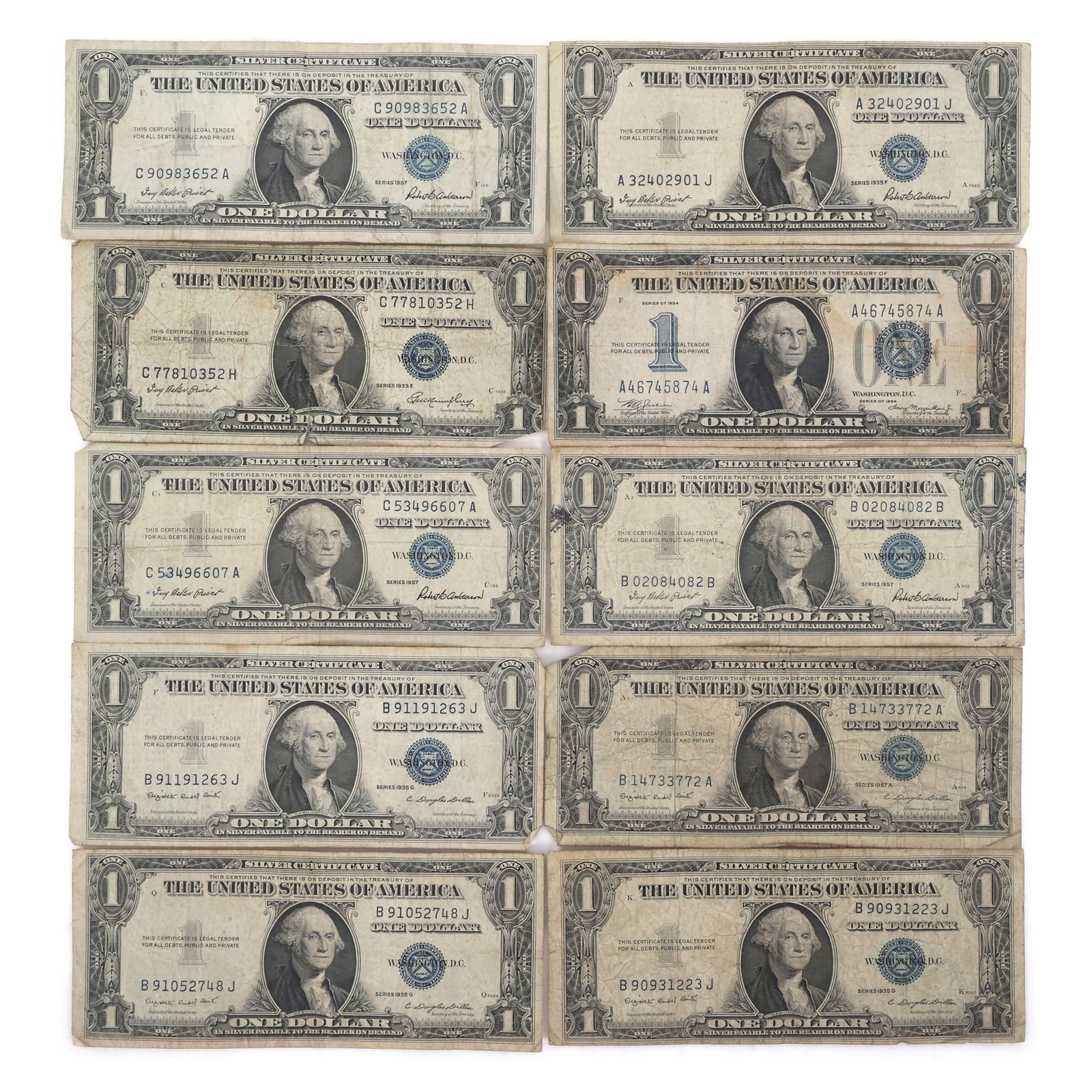 US $1 BLUE SEAL SILVER CERTIFICATES - LOT OF 10 (1 of 5)