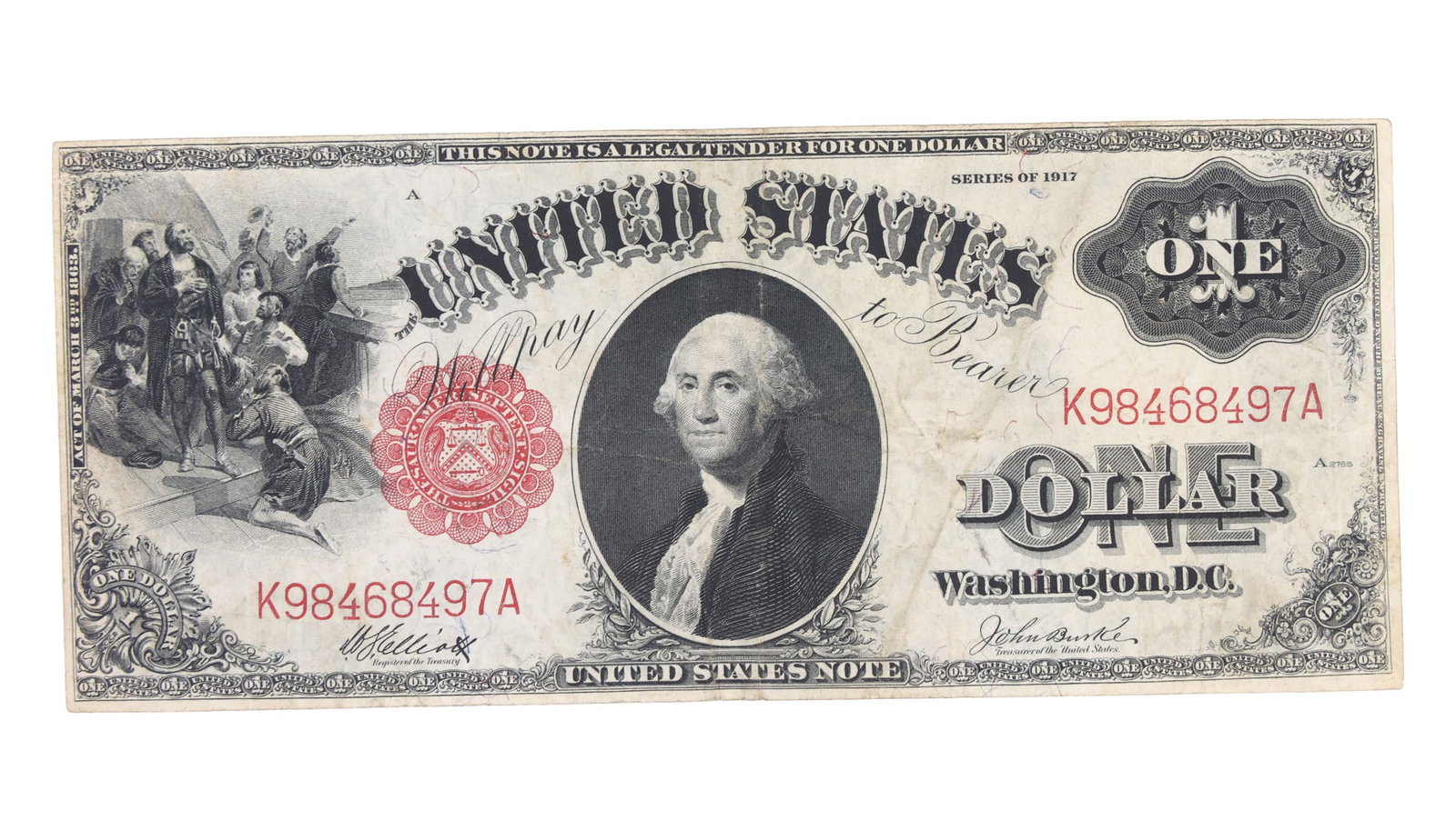 1917 US $1 RED SEAL "SAW-HORSE" LEGAL TENDER NOTE (1 of 2)