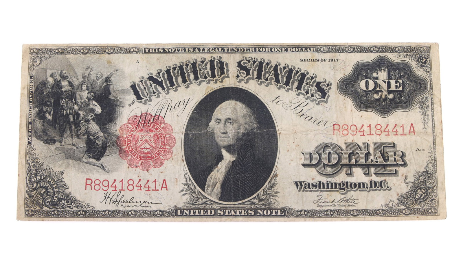 1917 US $1 RED SEAL "SAW-HORSE" LEGAL TENDER NOTE (1 of 2)