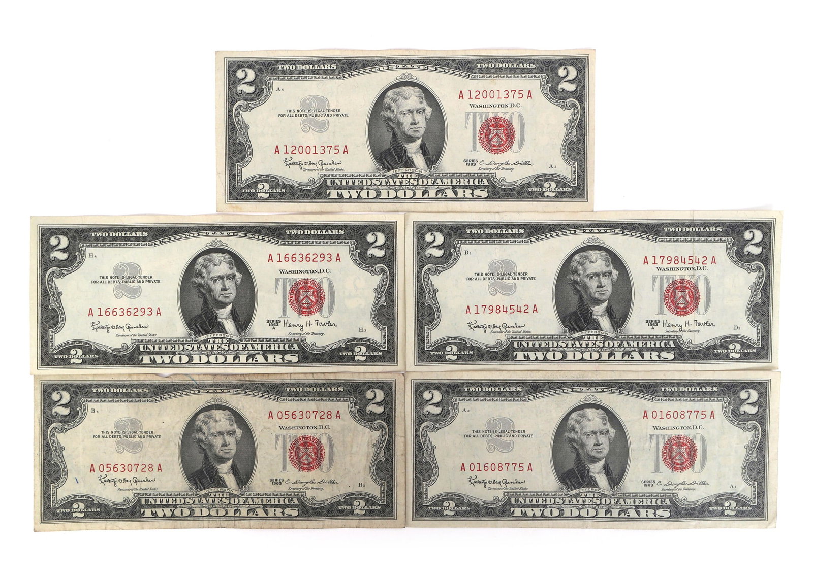 1963 US RED SEAL $2 BANKNOTES: 1963 US RED SEAL $2 BANKNOTES 5 1963 US Red Seal 2 Dollar Notes 1963 A12001375A 1963 A05630728A 1963 A01608775A 1963A A16636293A 1963A A17984542A IMPORTANT NOTE - PLEASE READ: OUR IN-HOUSE SHIPPING &