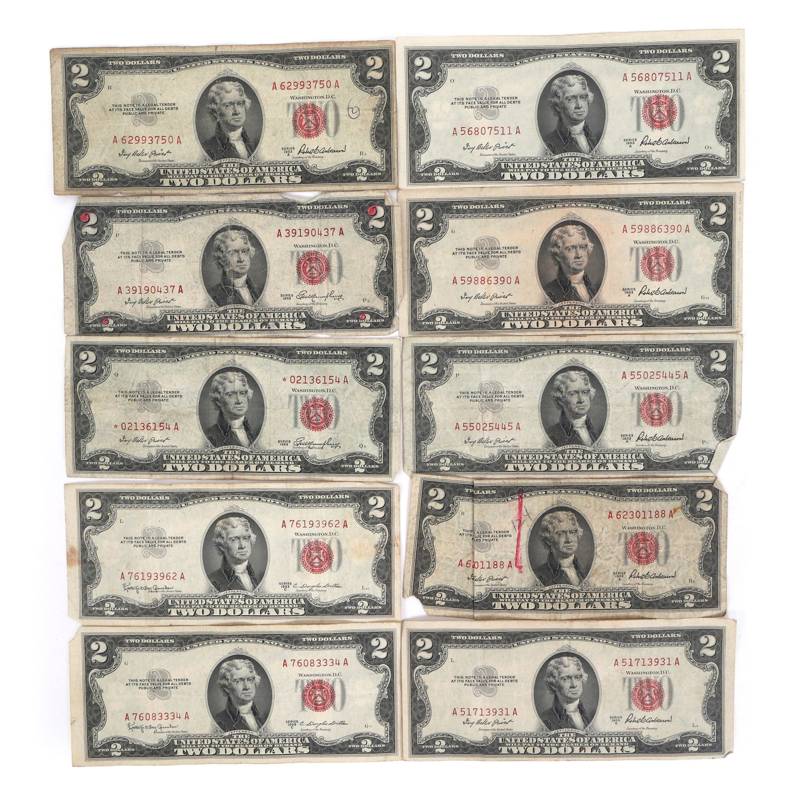 1953 US RED SEAL 2 DOLLAR NOTES, 1 WITH STAR (1 of 11)