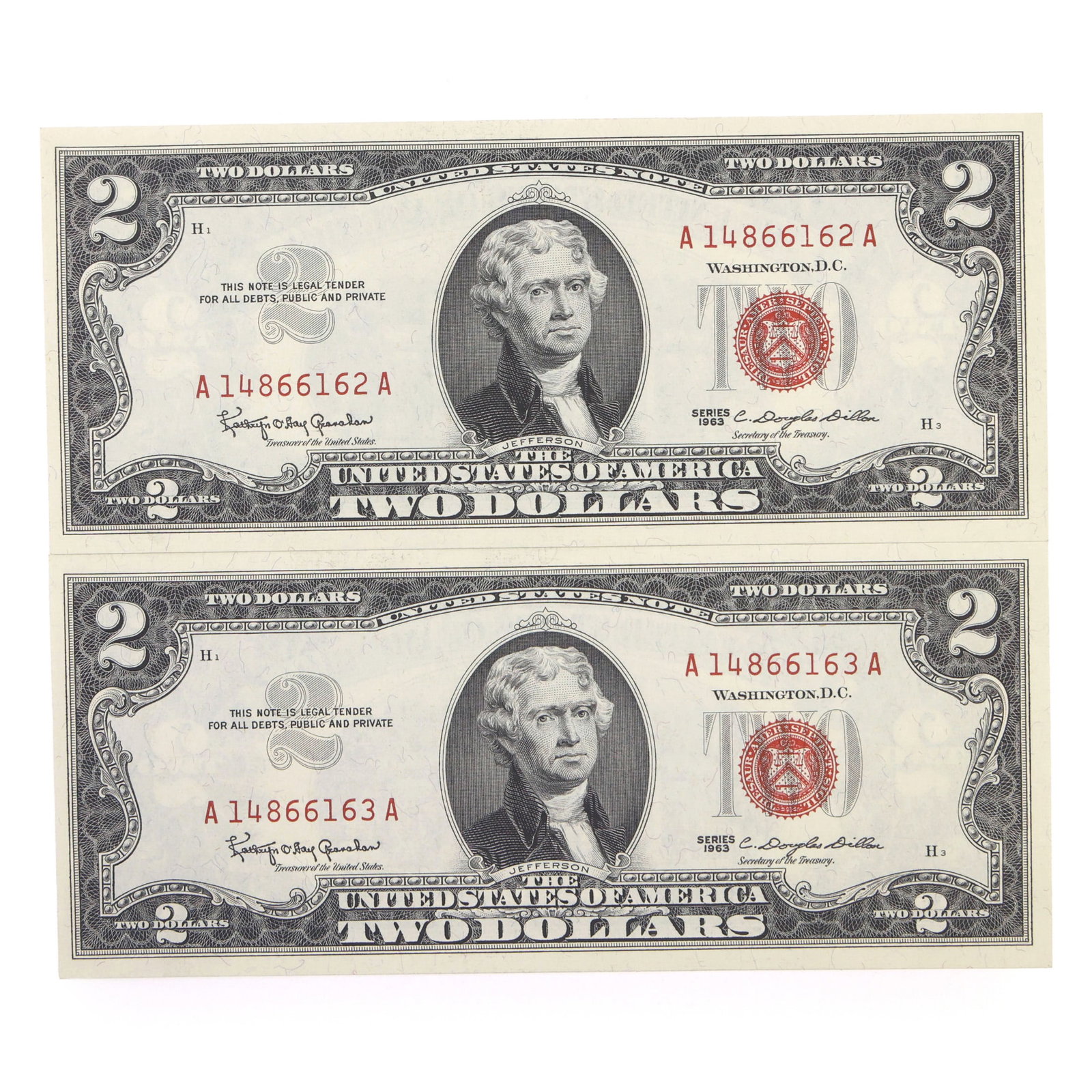 1963 US $2 RED SEAL NOTES - SEQUENTIAL SERIAL NUMBERS - 10