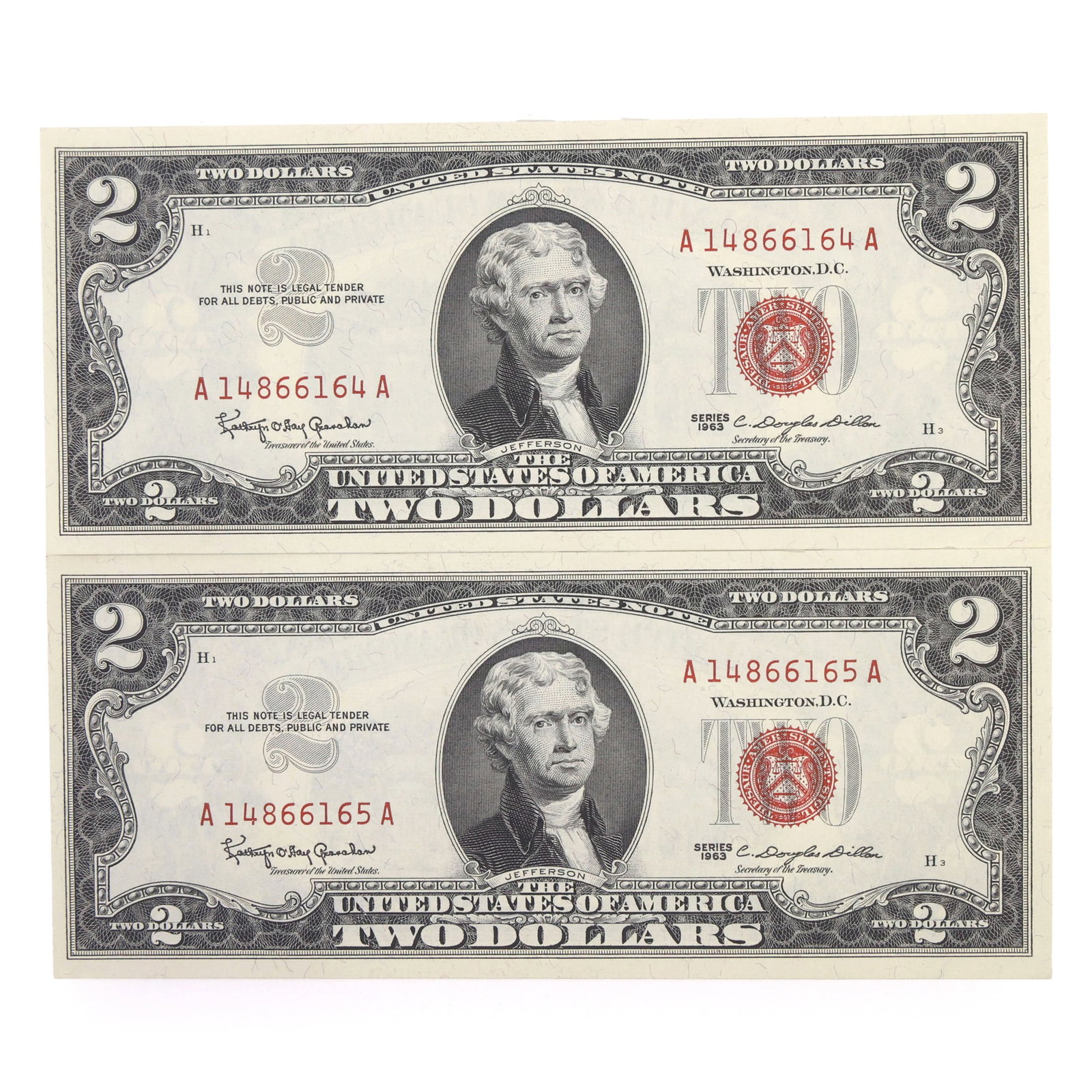 1963 US $2 RED SEAL NOTES - SEQUENTIAL SERIAL NUMBERS - 12