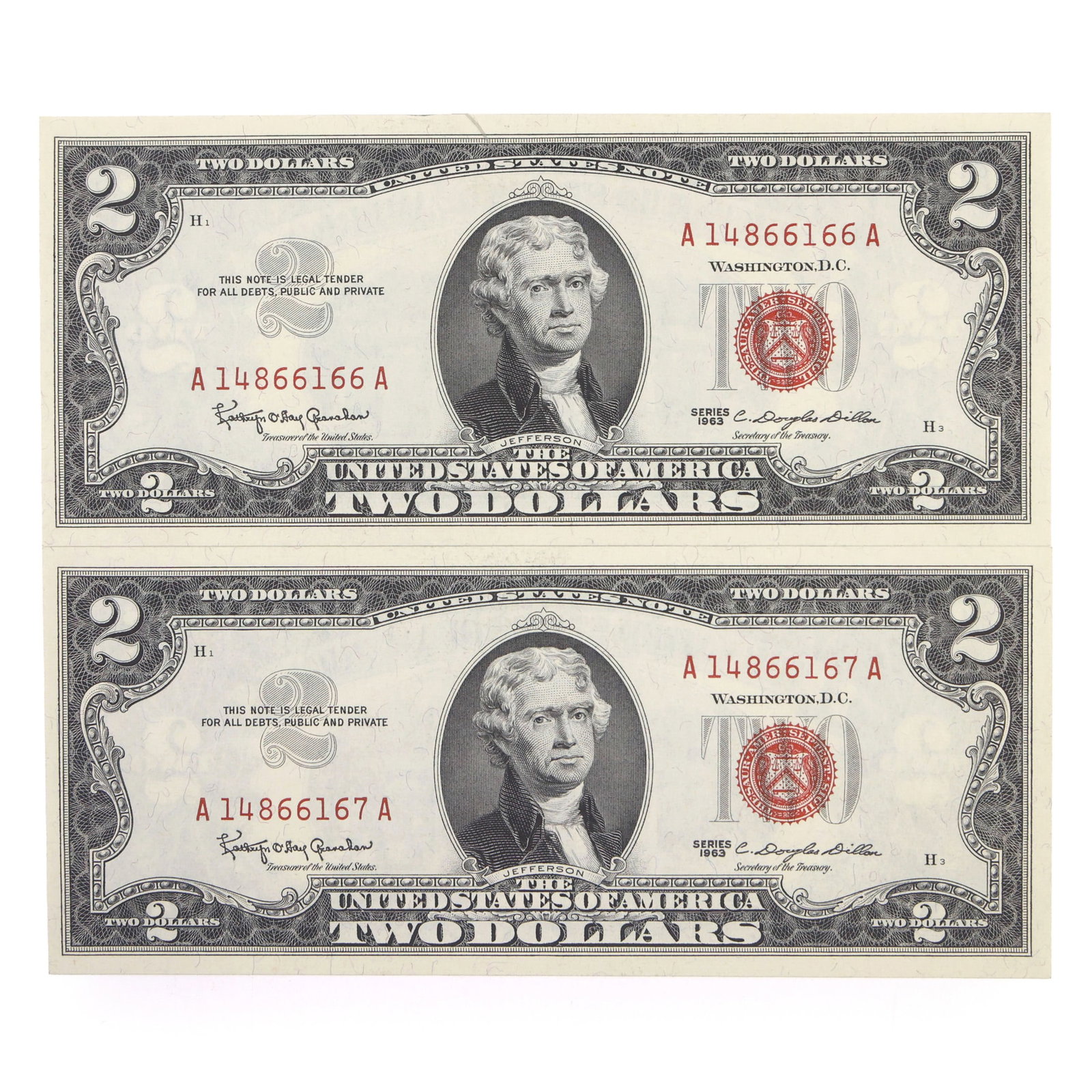 1963 US $2 RED SEAL NOTES - SEQUENTIAL SERIAL NUMBERS - 14