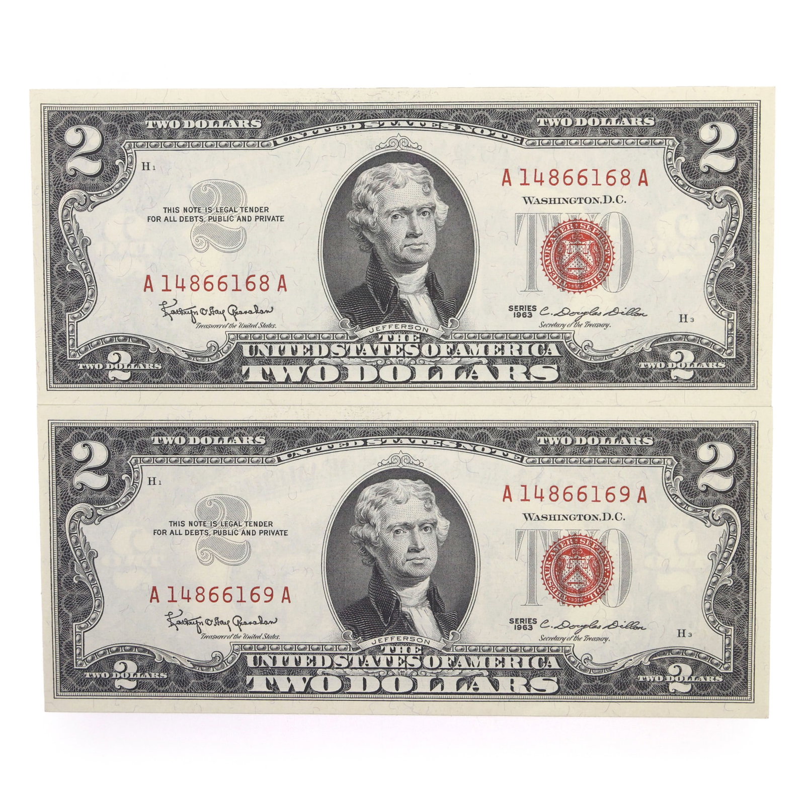 1963 US $2 RED SEAL NOTES - SEQUENTIAL SERIAL NUMBERS - 16