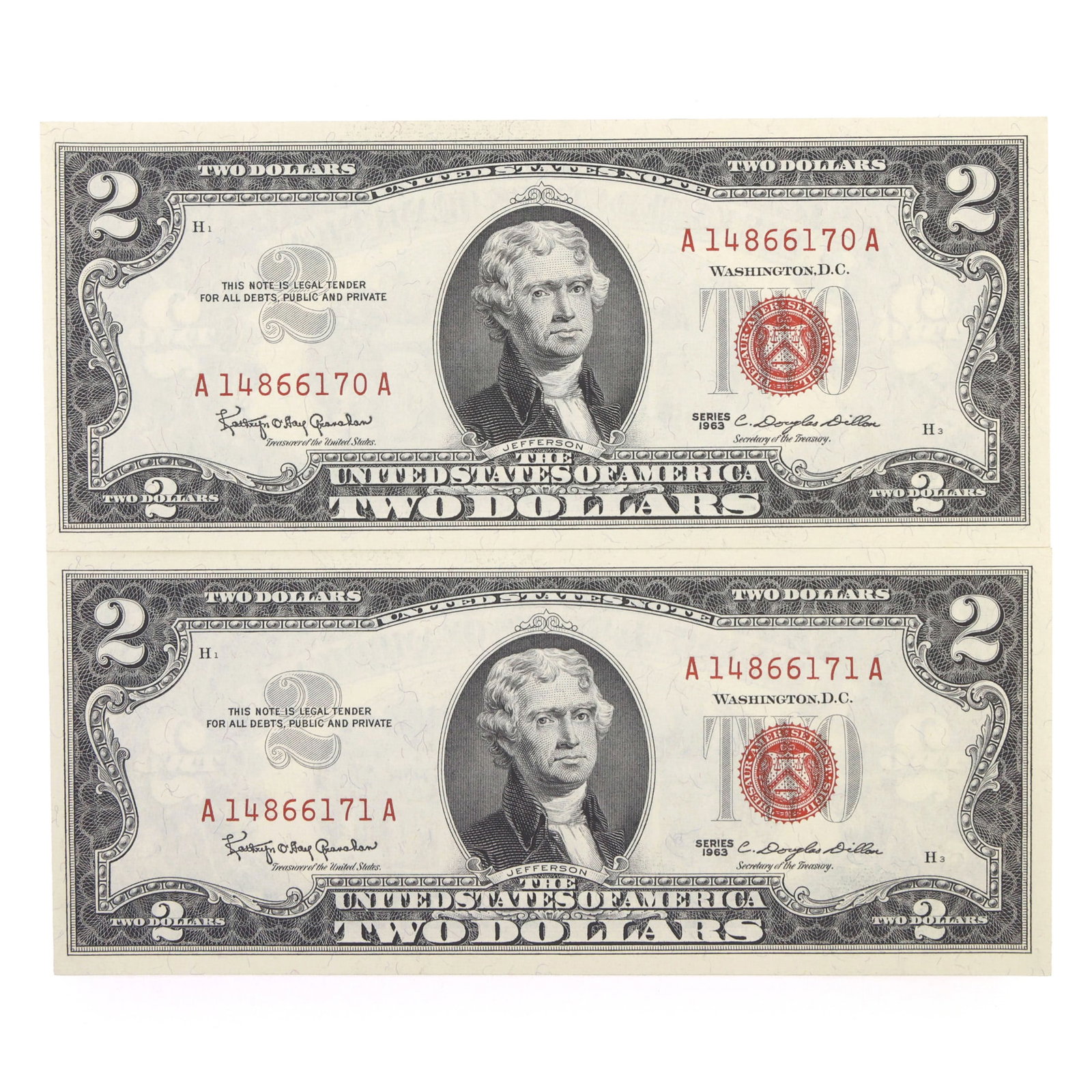 1963 US $2 RED SEAL NOTES - SEQUENTIAL SERIAL NUMBERS - 18
