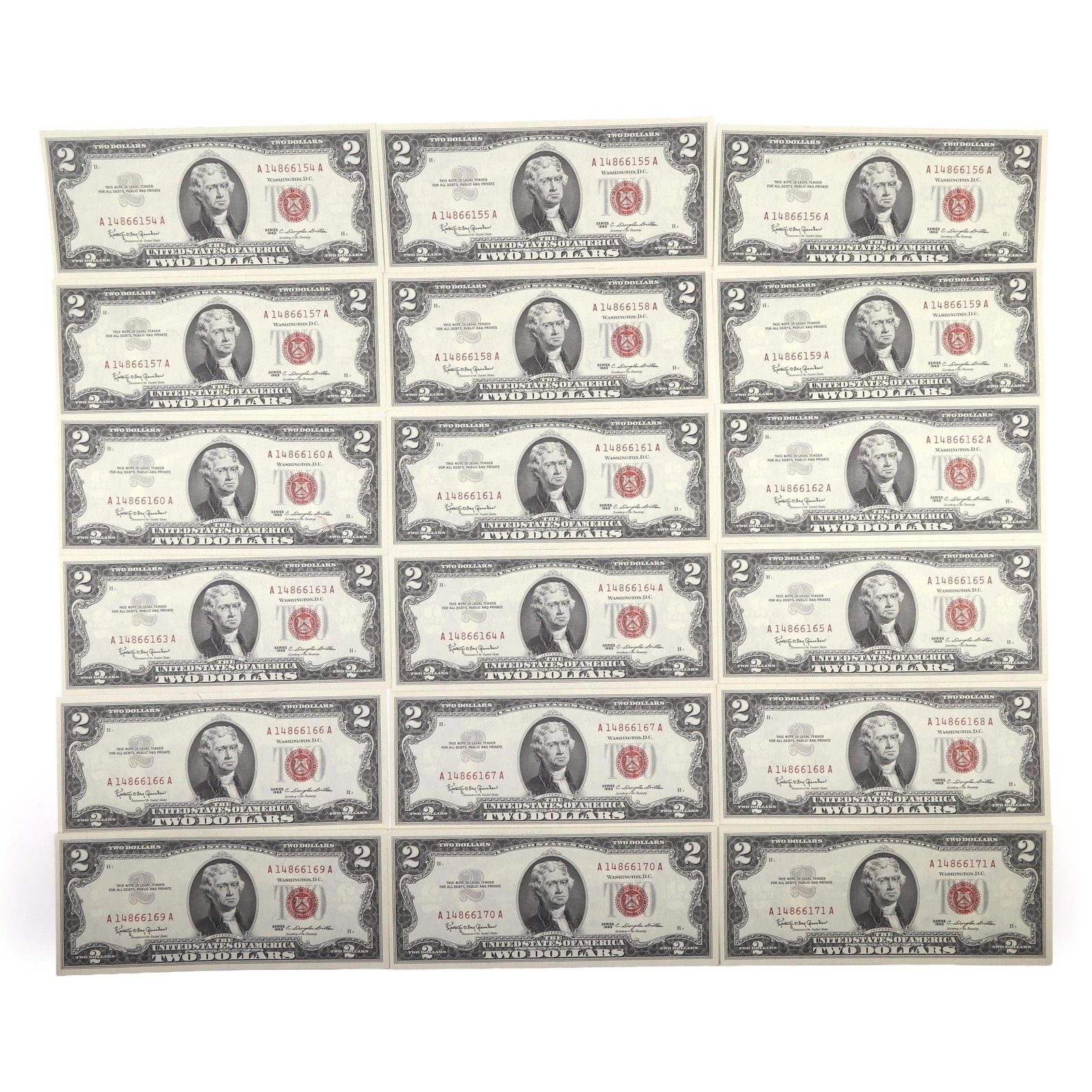 1963 US $2 RED SEAL NOTES - SEQUENTIAL SERIAL NUMBERS (1 of 19)