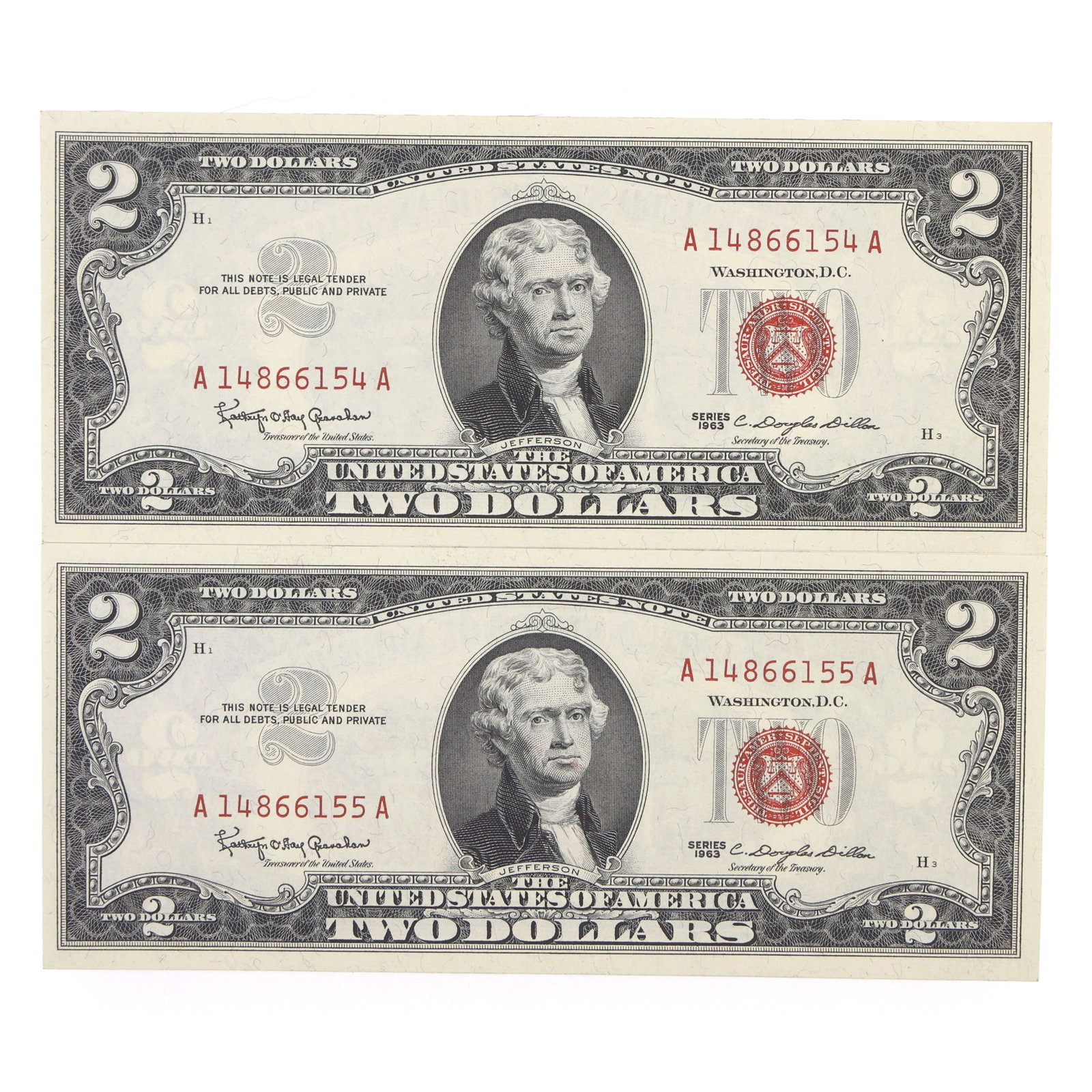 1963 US $2 RED SEAL NOTES - SEQUENTIAL SERIAL NUMBERS - 2