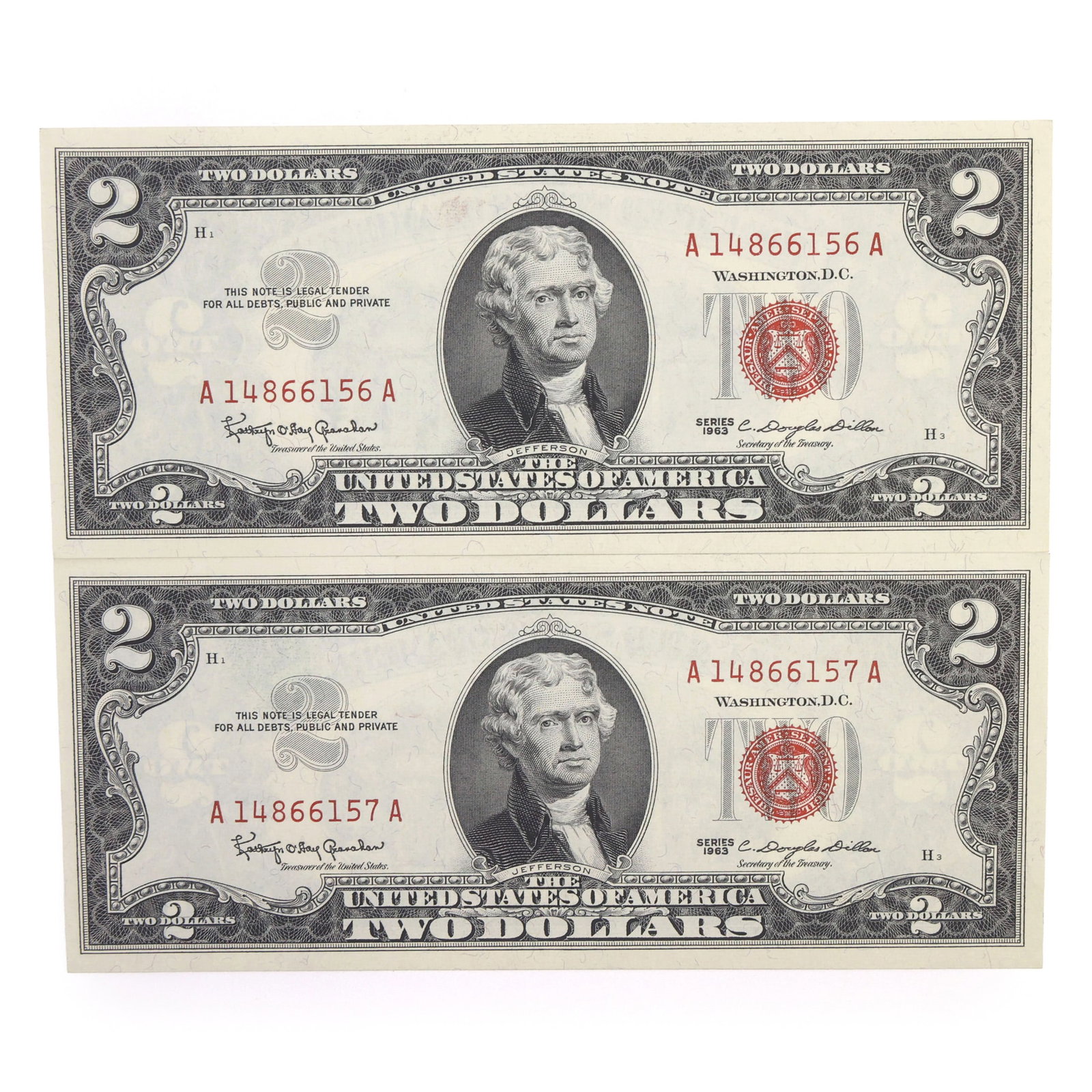 1963 US $2 RED SEAL NOTES - SEQUENTIAL SERIAL NUMBERS - 4