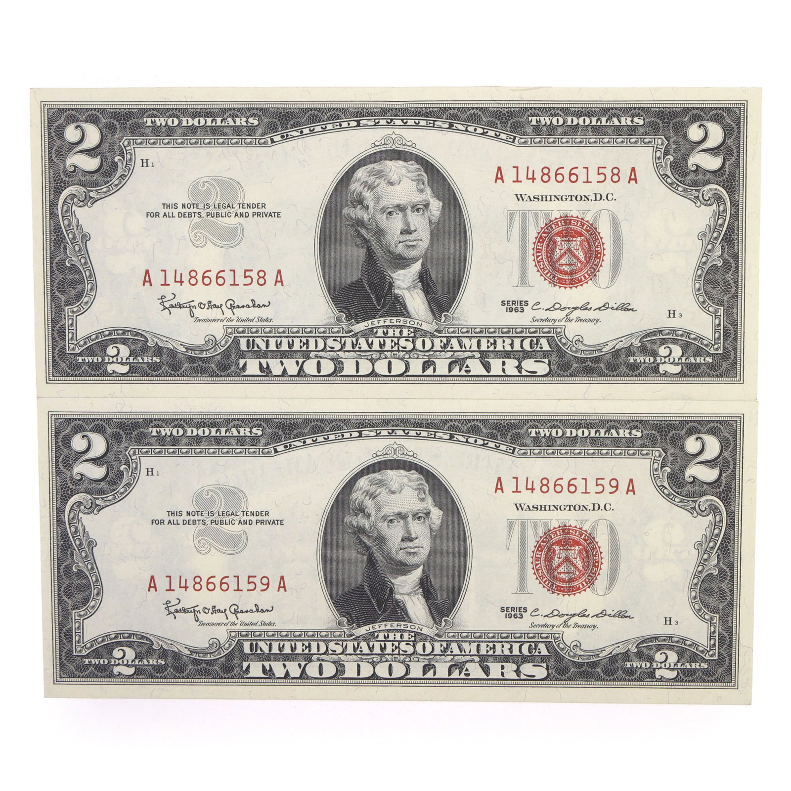 1963 US $2 RED SEAL NOTES - SEQUENTIAL SERIAL NUMBERS - 6
