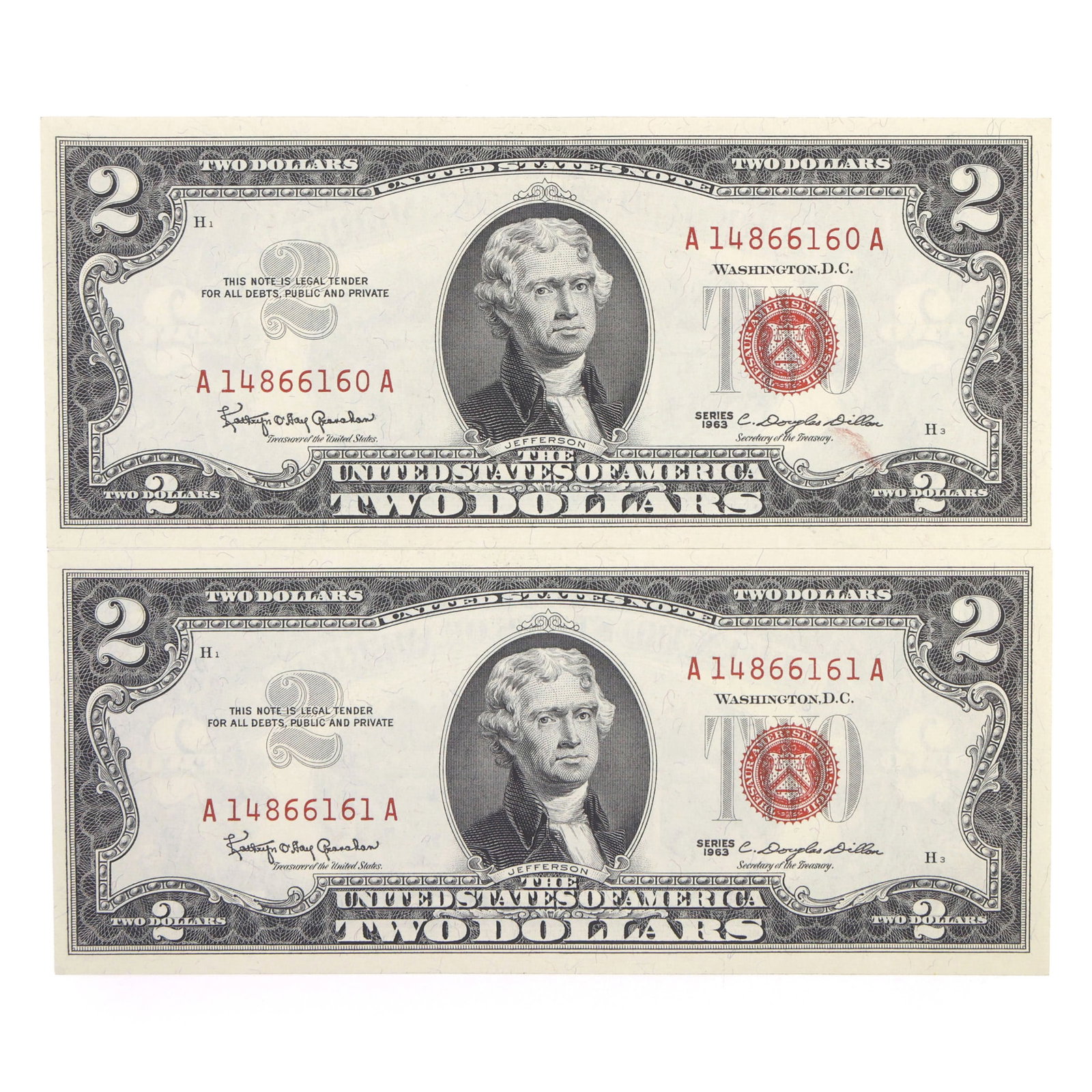 1963 US $2 RED SEAL NOTES - SEQUENTIAL SERIAL NUMBERS - 8