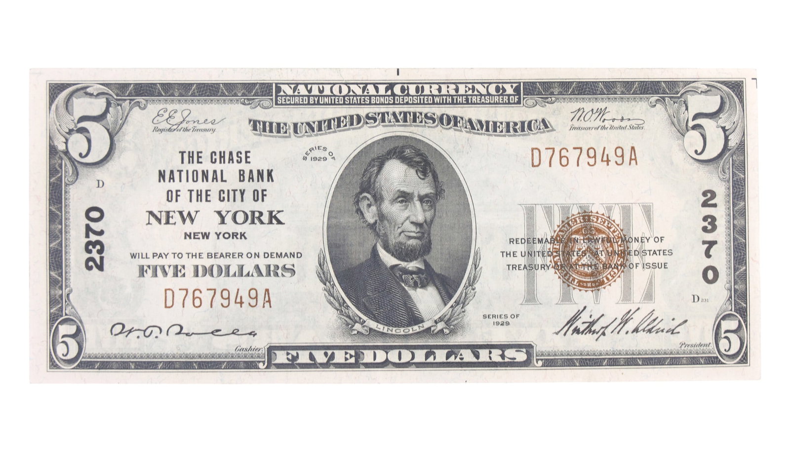 1929 US $5 TYPE 1 BROWN SEAL NATIONAL CURRENCY: 1929 US $5 TYPE 1 BROWN SEAL NATIONAL CURRENCY 1929 United States $5 brown seal National Currency: Type 1 Bank charter #: 2370 D767949A IMPORTANT NOTE - PLEASE READ: OUR IN-HOUSE SHIPPING & INVOICING