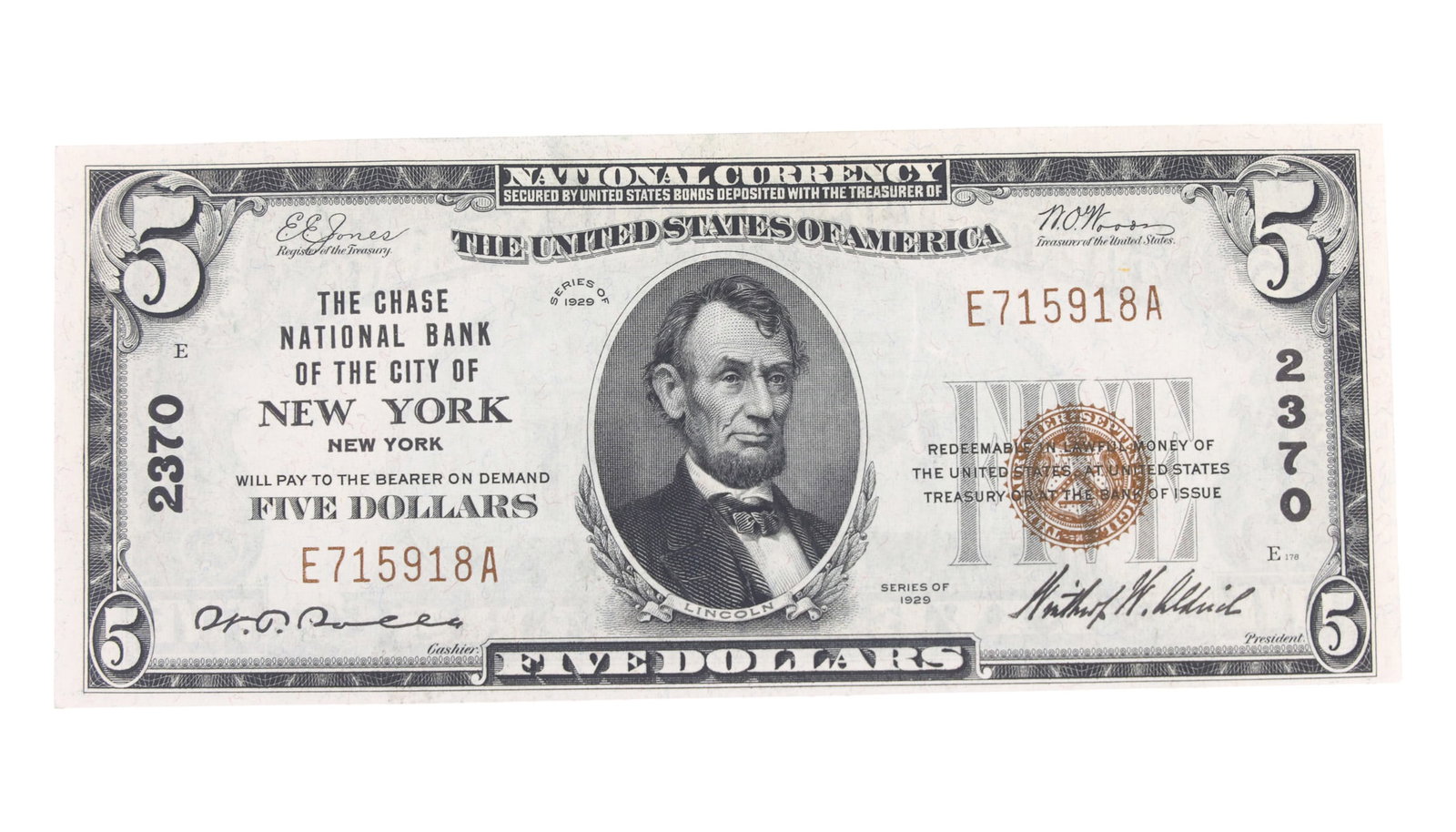 1929 US $5 TYPE 1 BROWN SEAL NATIONAL CURRENCY: 1929 US $5 TYPE 1 BROWN SEAL NATIONAL CURRENCY 1929 United States $5 brown seal National Currency: Type 1 Bank charter #: 2370 E715918A IMPORTANT NOTE - PLEASE READ: OUR IN-HOUSE SHIPPING & INVOICING
