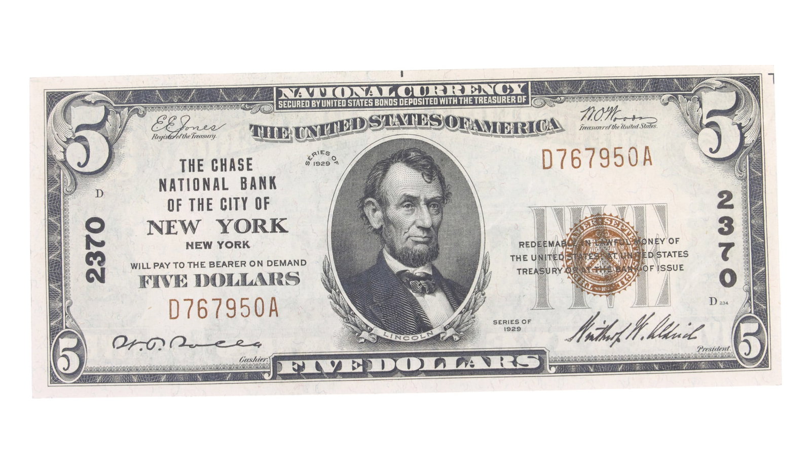 1929 US $5 TYPE 1 BROWN SEAL NATIONAL CURRENCY: 1929 US $5 TYPE 1 BROWN SEAL NATIONAL CURRENCY 1929 United States $5 brown seal National Currency: Type 1 Bank charter #: 2370 D767950A IMPORTANT NOTE - PLEASE READ: OUR IN-HOUSE SHIPPING & INVOICING