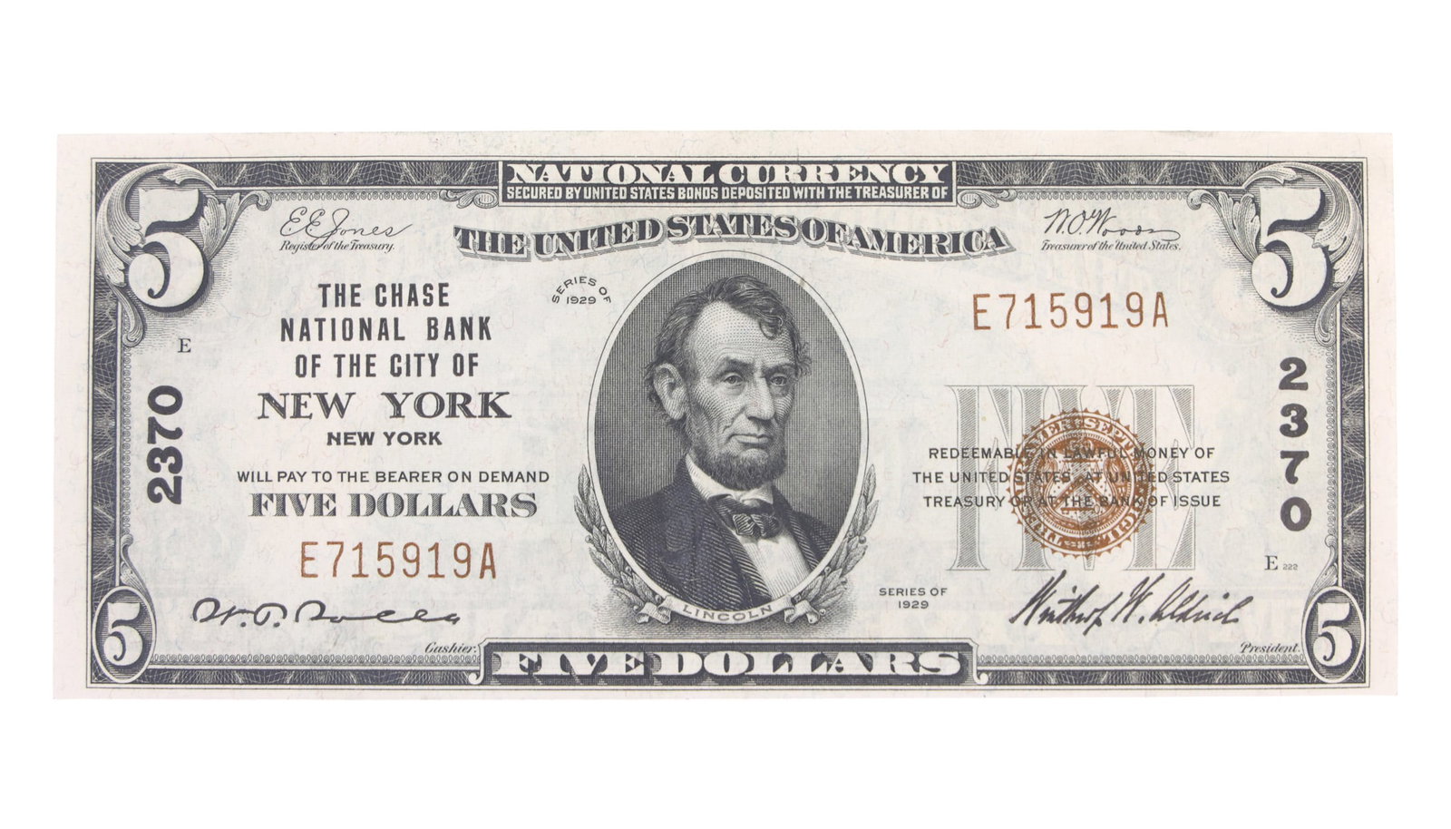 1929 US $5 TYPE 1 BROWN SEAL NATIONAL CURRENCY: 1929 US $5 TYPE 1 BROWN SEAL NATIONAL CURRENCY 1929 United States $5 brown seal National Currency: Type 1 Bank charter #: 2370 E715919A IMPORTANT NOTE - PLEASE READ: OUR IN-HOUSE SHIPPING & INVOICING
