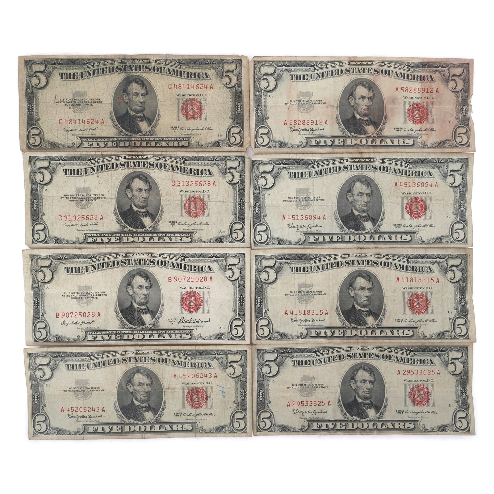 US $5 RED SEAL NOTES - LOT OF 8: US $5 RED SEAL NOTES - LOT OF 8 Eight United States $1 red seal notes: 1953-A B90725028A 1953-B C31325628A C48414624A 1963 A29533625A A41818315A A45136094A A45206243A A58288912A IMPORTANT NOTE