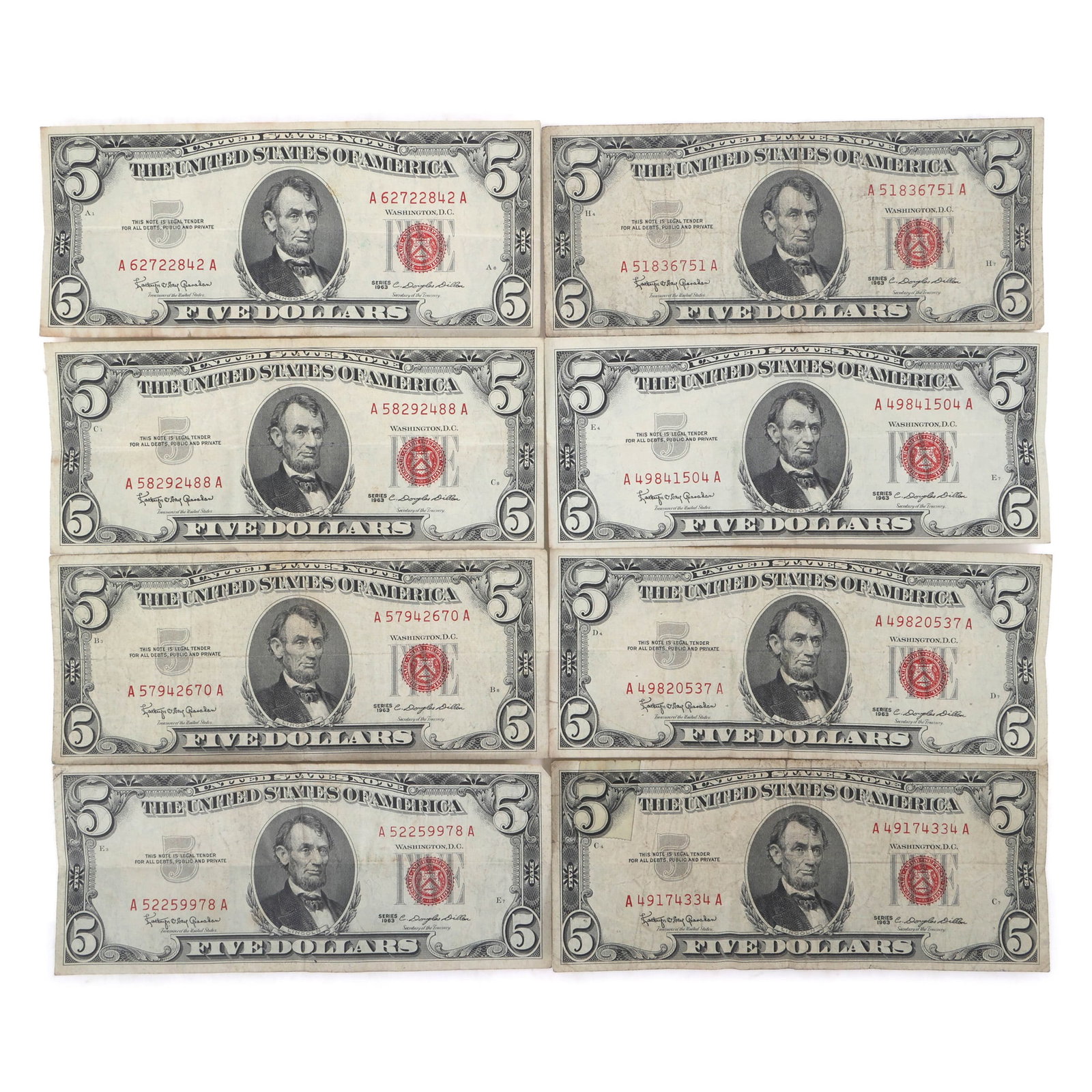 1963 US $5 RED SEAL LEGAL TENDER NOTES - LOT OF 8 (1 of 5)