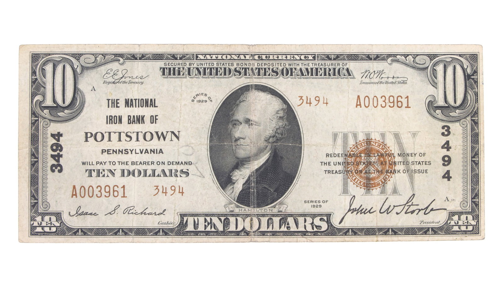 1929 US $10 TYPE 2 BROWN SEAL NATIONAL CURRENCY: 1929 US $10 TYPE 2 BROWN SEAL NATIONAL CURRENCY 1929 United States $10 brown seal National Currency: Type 2 Bank charter #: 3494 A003961 IMPORTANT NOTE - PLEASE READ: OUR IN-HOUSE SHIPPING &