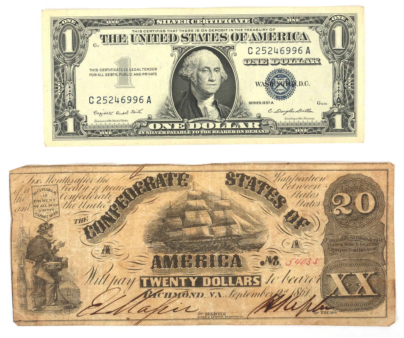 1957-A US $1 BLUE SEAL SILVER CERT & 1861 $20 CSA NOTE: 1957-A US $1 BLUE SEAL SILVER CERT & 1861 $20 CSA NOTE 19th & 20th C. currency: 1957-A United States $1 blue seal silver certificate 1861 Confederate States of America $20 note I
