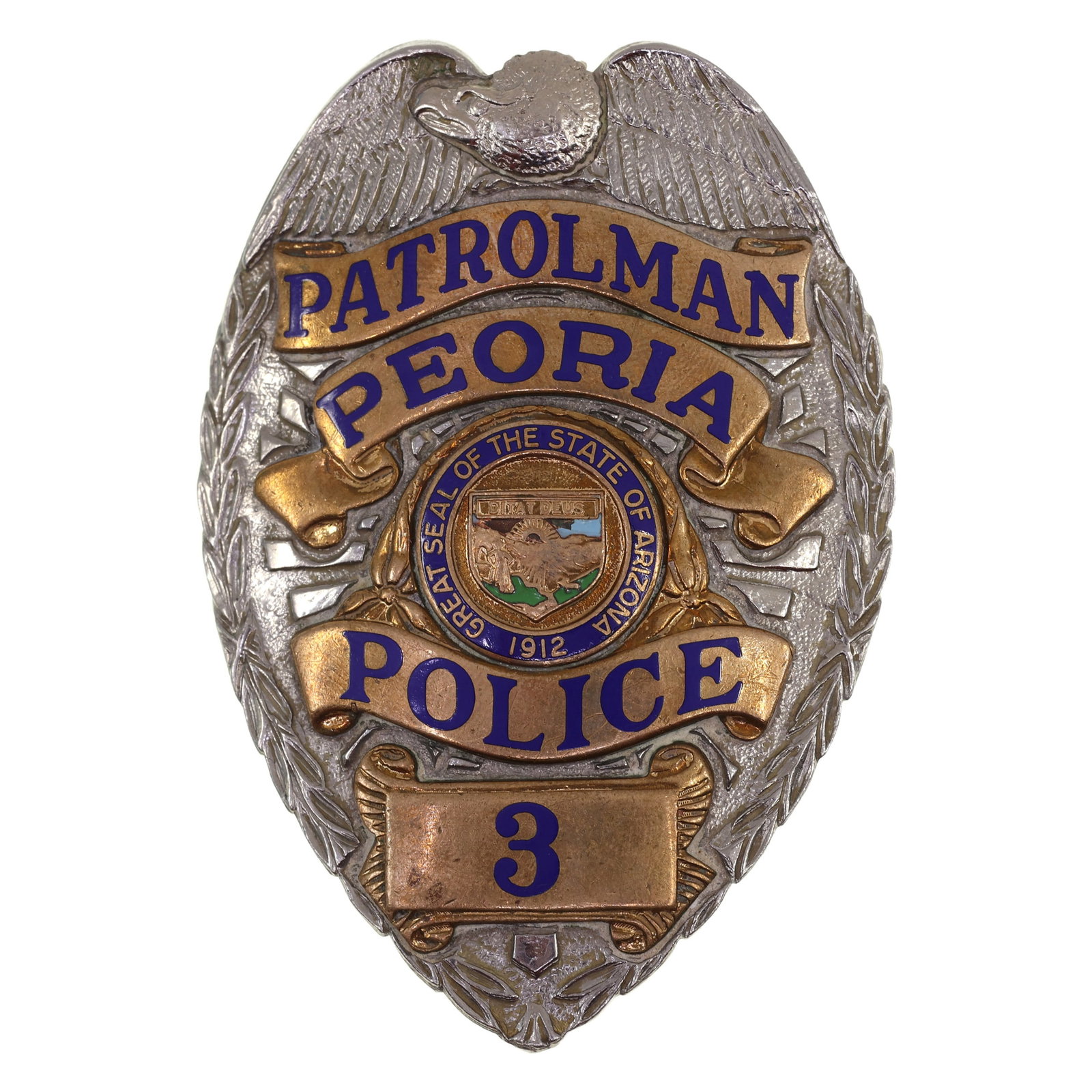 OBSOLETE PEORIA ARIZONA POLICE PATROLMAN BADGE #3: OBSOLETE PEORIA ARIZONA POLICE PATROLMAN BADGE #3 Obsolete Peoria, Arizona Police Patrolman Badge, number 3. Maker marked by Entenmann-Rovin Co. on the reverse. Measurements: 3"x2" IMPORTANT NOTE - PL