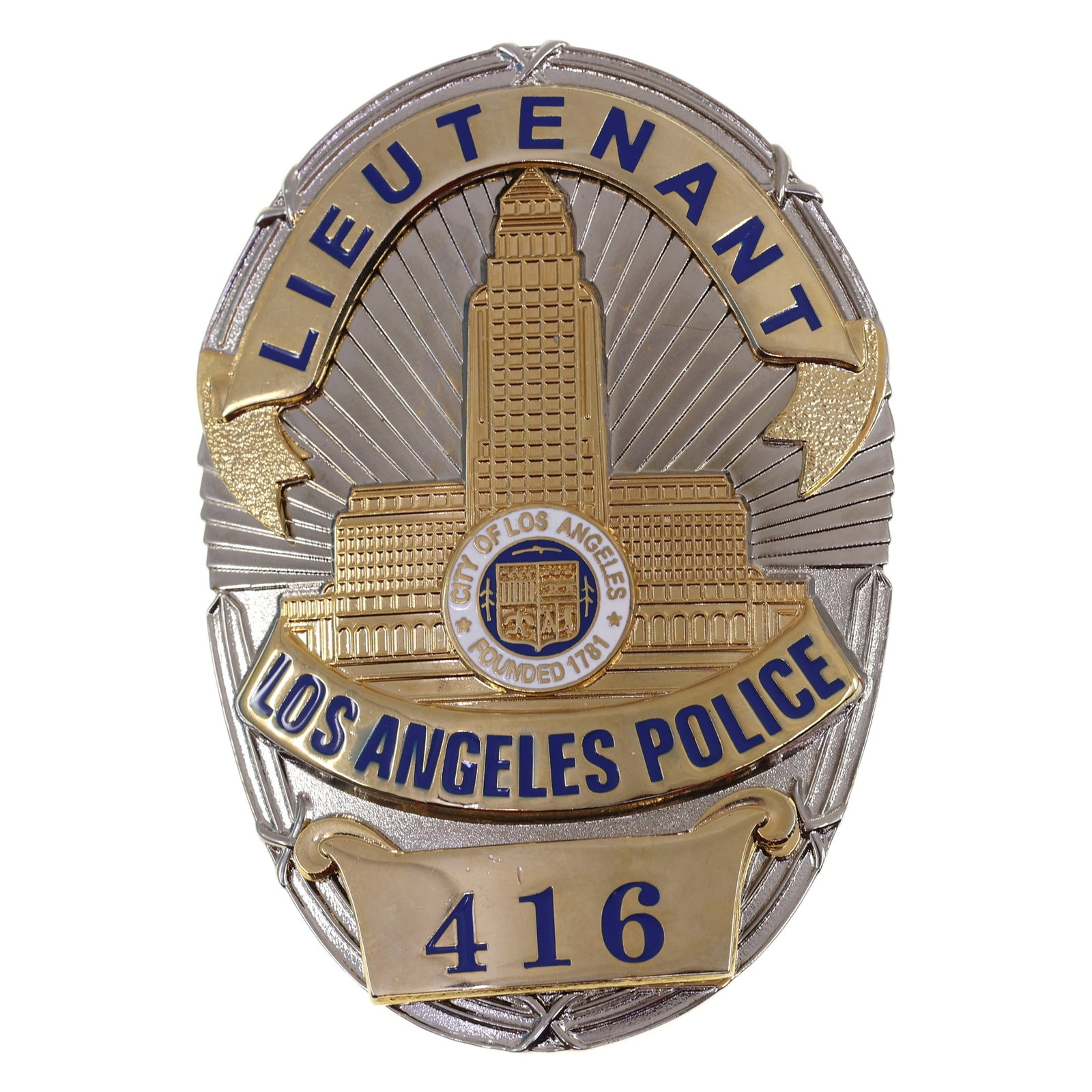OBSOLETE LOS ANGELES, CA POLICE LIEUTENANT BADGE # 416 (1 of 2)