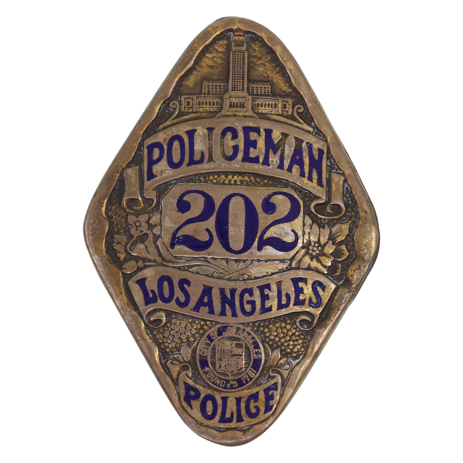 OBSOLETE LOS ANGELES CA POLICEMAN BADGE #202 (1 of 2)