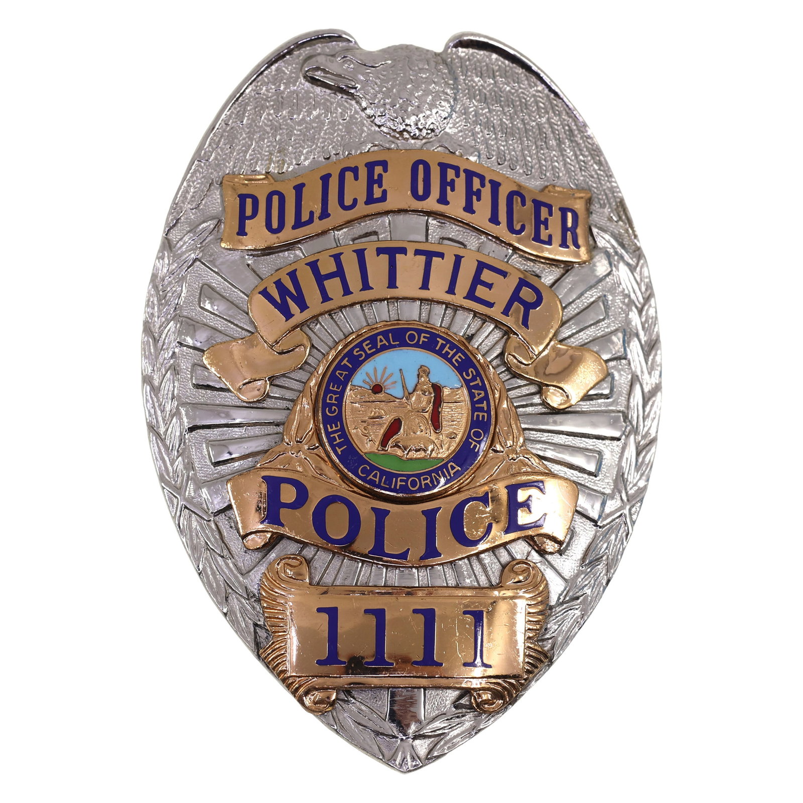 OBSOLETE WHITTIER CA POLICE OFFICER BADGE # 1111 (1 of 2)