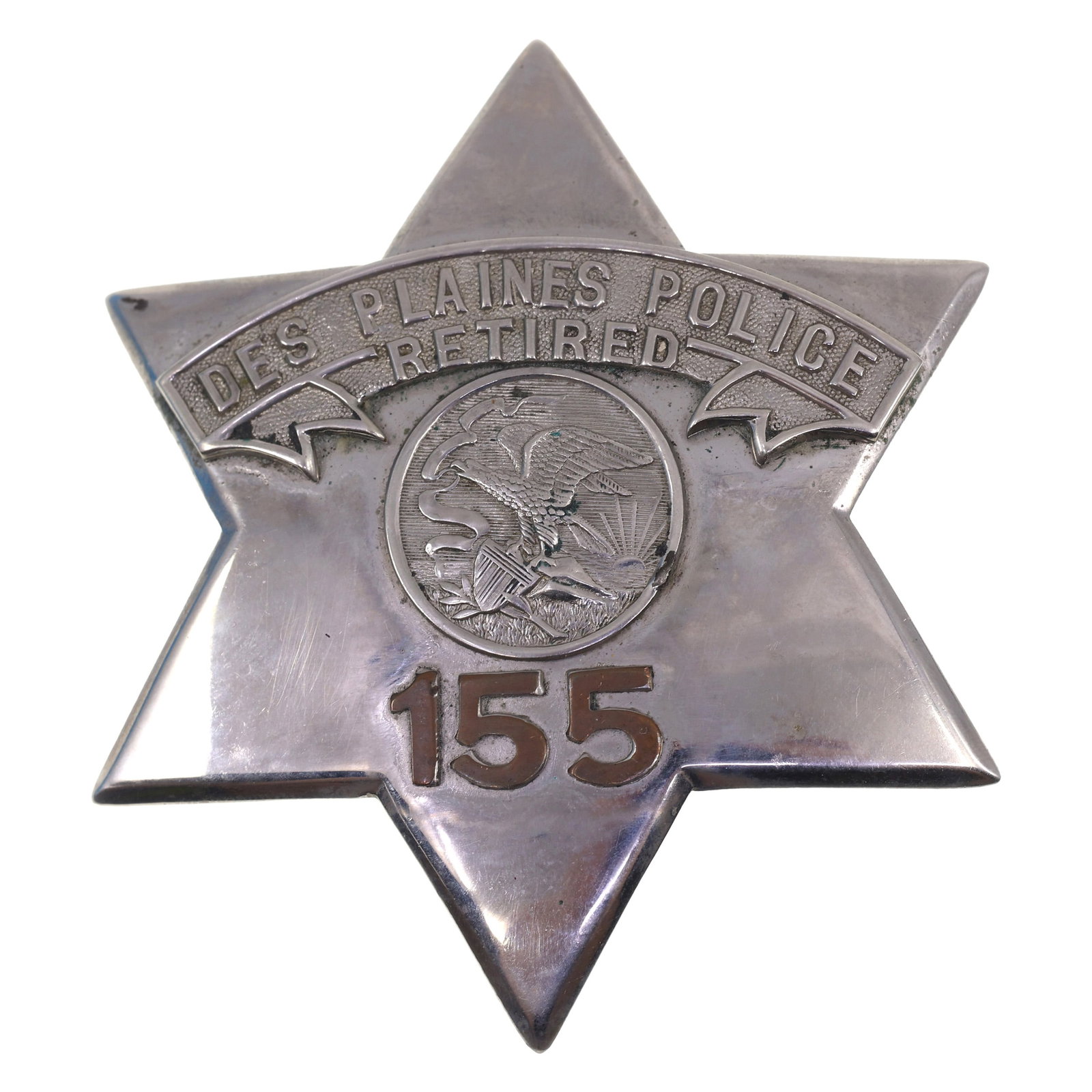 OBSOLETE DES PLAINES IL RETIRED POLICE BADGE: OBSOLETE DES PLAINES IL RETIRED POLICE BADGE Obsolete Des Plaines, Illinois Retired Police badge, #155. Maker marked by C.H. Hanson Co. on the reverse. Measurements: 3 x 3" IMPORTANT NOTE - PLEASE REA