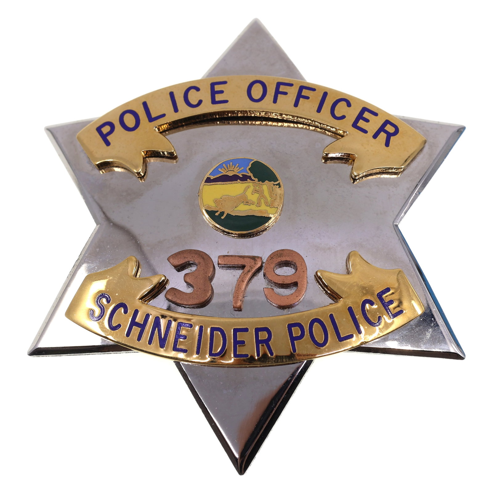 OBSOLETE SCHNEIDER IN POLICE OFFICER BADGE: OBSOLETE SCHNEIDER IN POLICE OFFICER BADGE Obsolete Schneider, Indiana Police Officer #379 badge. Maker marked by V.H. Blackinton (marked V.H.B.) on the reverse. Measurements: 3 x 3" IMPORTANT NOTE - 
