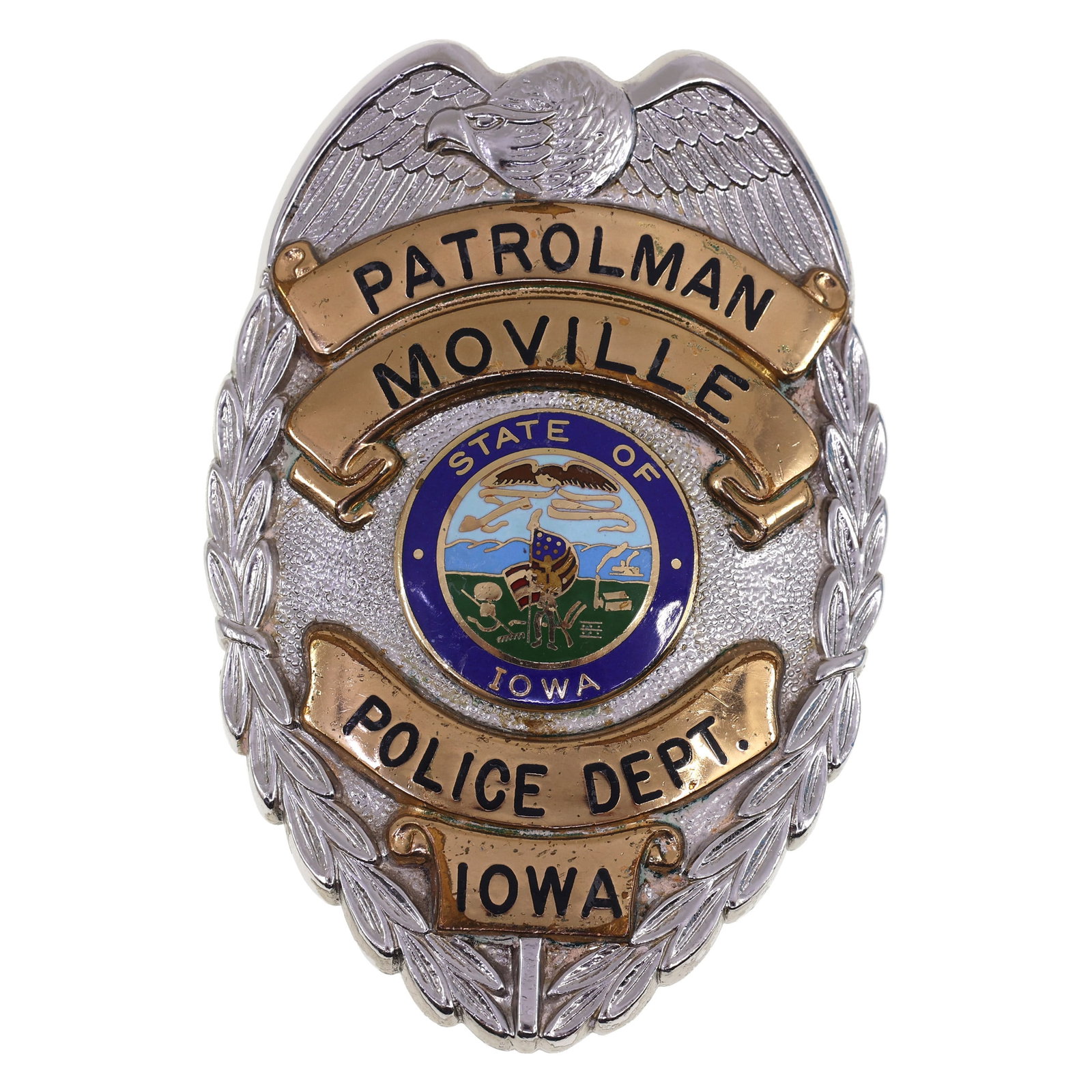 OBSOLETE MOVILLE IOWA PATROLMAN POLICE BADGE (1 of 2)