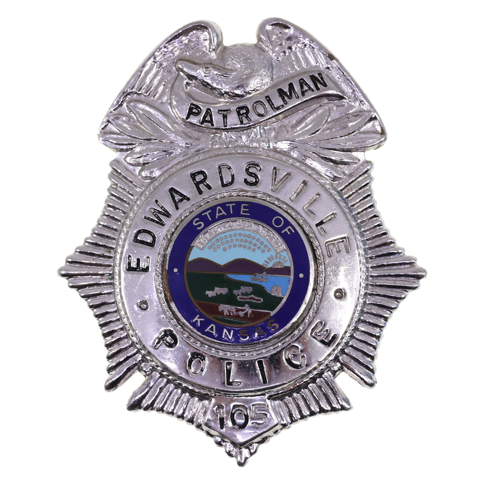 OBSOLETE EDWARDSVILLE KANSAS POLICE PATROLMAN BADGE (1 of 2)