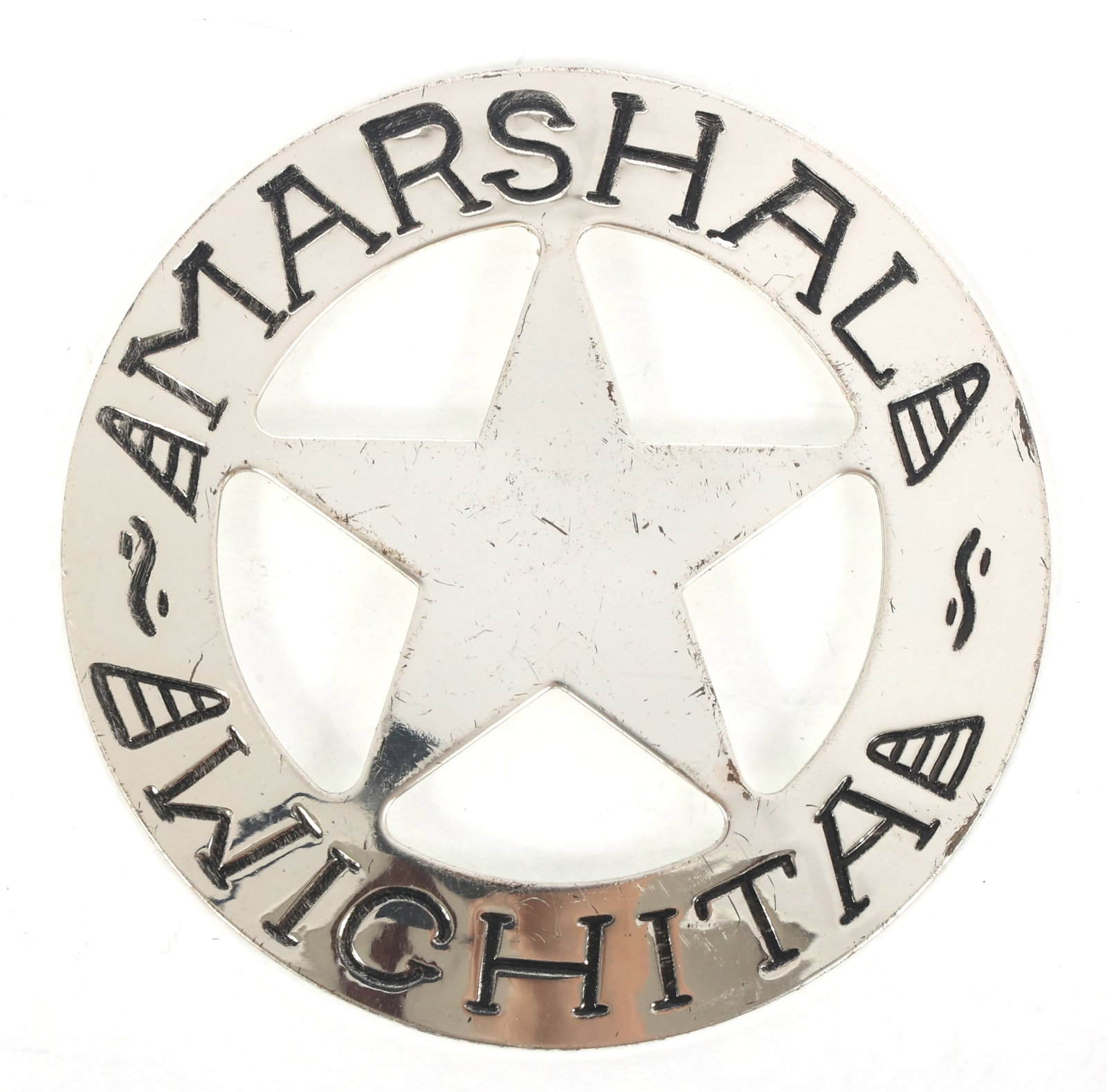 .925 SILVER FRANKLIN MINT COMMEMORATIVE MARSHAL BADGE: .925 SILVER FRANKLIN MINT COMMEMORATIVE MARSHAL BADGE Sterling silver Franklin Mint commemorative Wichita, Kansas, Marshal badge; from "The Official Badges of the Great Western Lawmen" colle