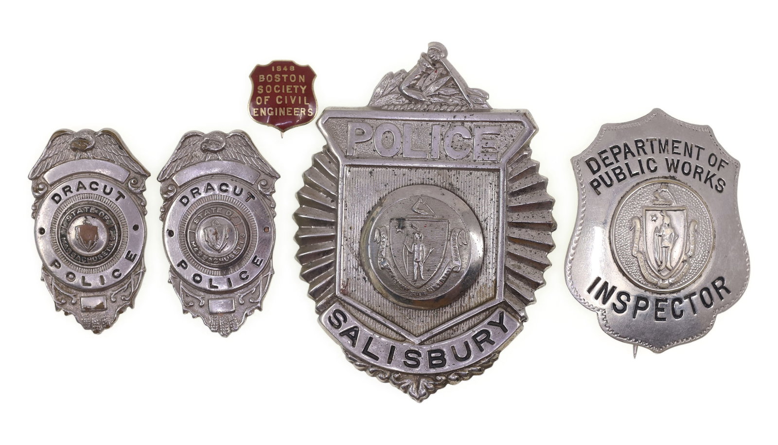 OBSOLETE MASSACHUSETTS MUNICIPAL & POLICE BADGES: OBSOLETE MASSACHUSETTS MUNICIPAL & POLICE BADGES Obsolete Massachusetts municipal and law enforcement badges: Department of Public Works Inspector #123 Maker marked by S M Spencer Mf