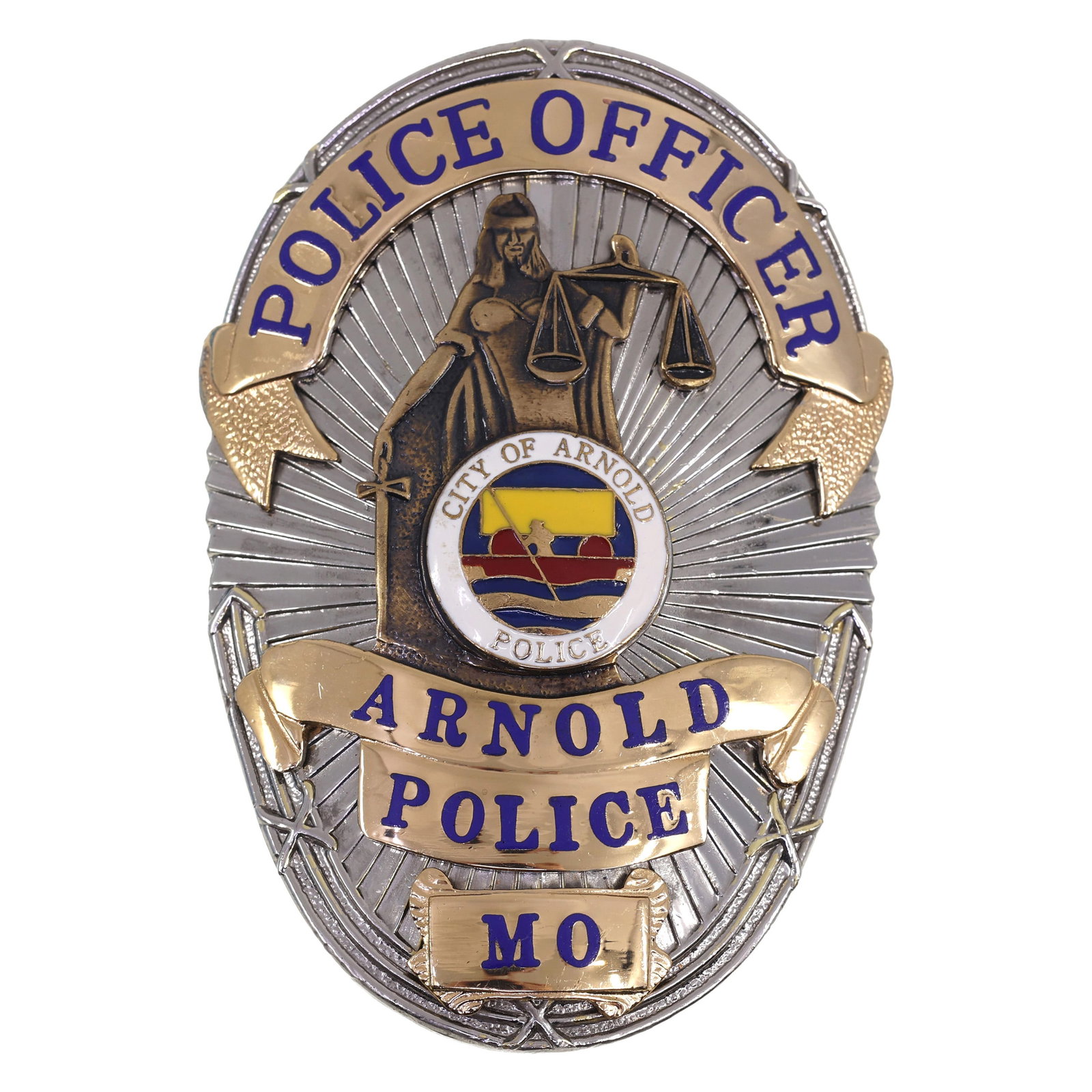 OBSOLETE ARNOLD MISSOURI POLICE OFFICER BADGE: OBSOLETE ARNOLD MISSOURI POLICE OFFICER BADGE Obsolete Arnold, Missouri Police Officer badge. Numbered 9-2002 on the back. Measurements: 3.5 x 2.25" IMPORTANT NOTE - PLEASE READ: OUR IN-HOUSE SH