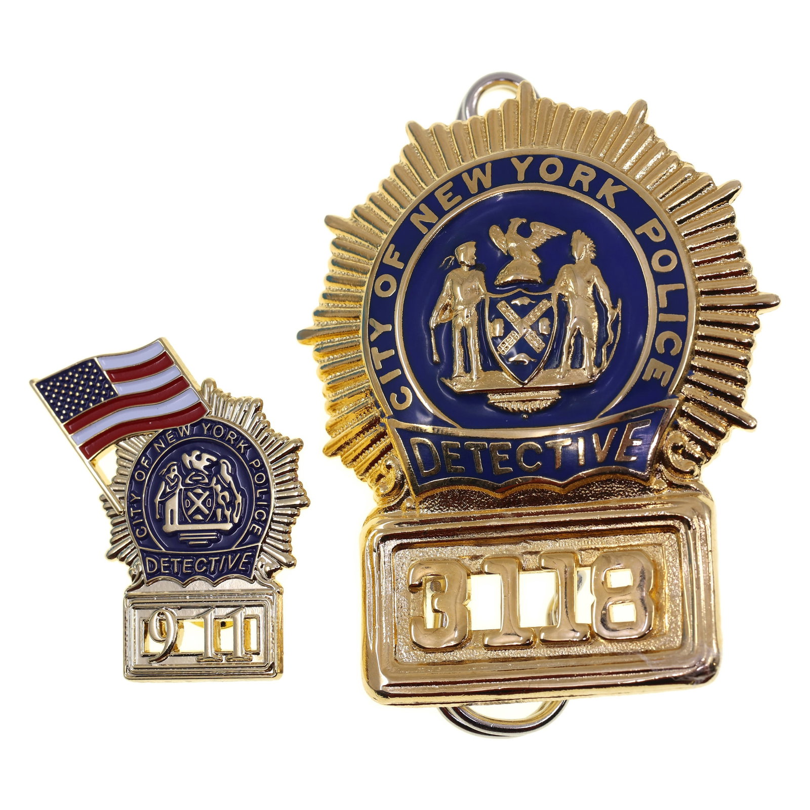 OBSOLETE NYC POLICE DETECTIVE BADGE & 9/11 PIN: OBSOLETE NYC POLICE DETECTIVE BADGE & 9/11 PIN Obsolete New York City, New York Detective Badge & 9/11 Pin. Badge numbered 3118. Measurements: 2.5"x1.75" IMPORTANT NOTE - PLEASE READ: OUR IN-HOUSE SHI
