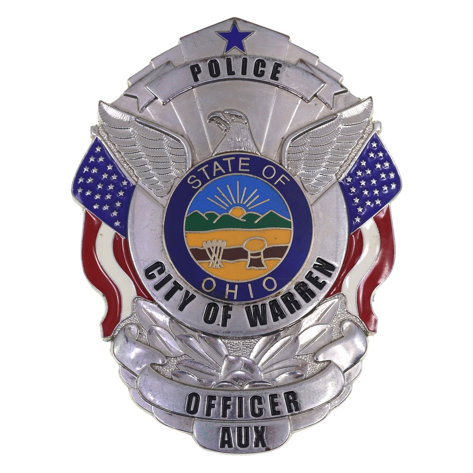 OBSOLETE WARREN OHIO AUX POLICE OFFICER HAT BADGE (1 of 2)