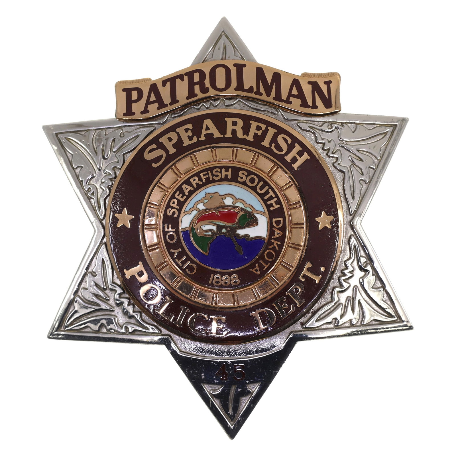 OBSOLETE SPEARFISH SOUTH DAKOTA PATROLMAN BADGE BY BNB: OBSOLETE SPEARFISH SOUTH DAKOTA PATROLMAN BADGE BY BNB Obsolete Spearfish, South Dakota Police Department Patrolman badge. Maker marked by Blazer, Nordeen, & Baird on the reverse. Numbered #45.&nb
