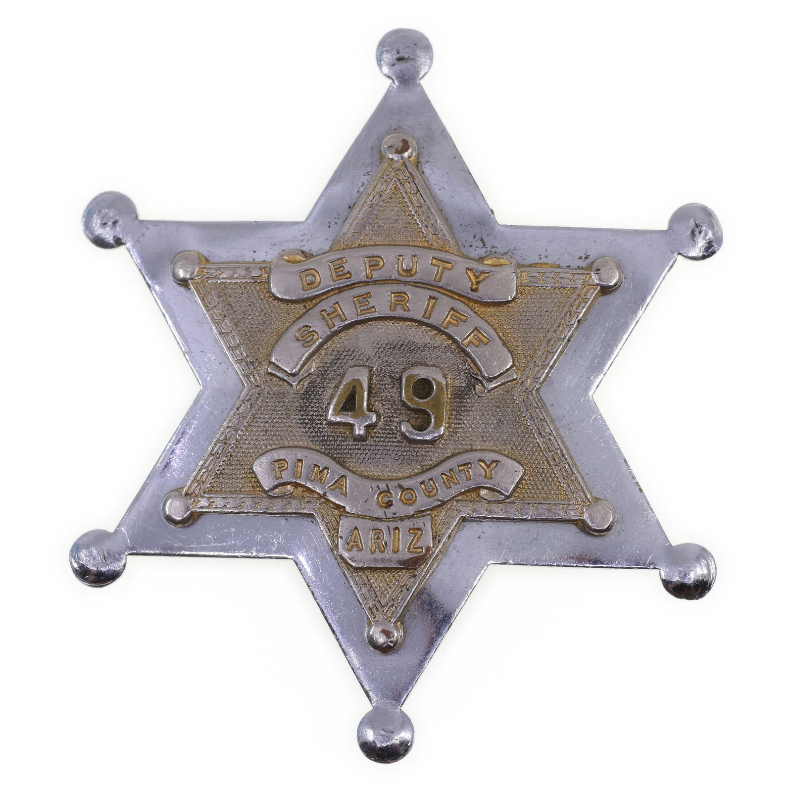 OBSOLETE PIMA COUNTY ARIZONA DEPUTY SHERIFF BADGE # 49: OBSOLETE PIMA COUNTY ARIZONA DEPUTY SHERIFF BADGE # 49 Obsolete Pima County, Arizona, Deputy Sheriff badge. Numered 49. Measurements: 2.5 x 2.5" IMPORTANT NOTE - PLEASE READ: OUR IN-HOUSE SHIPPING & I