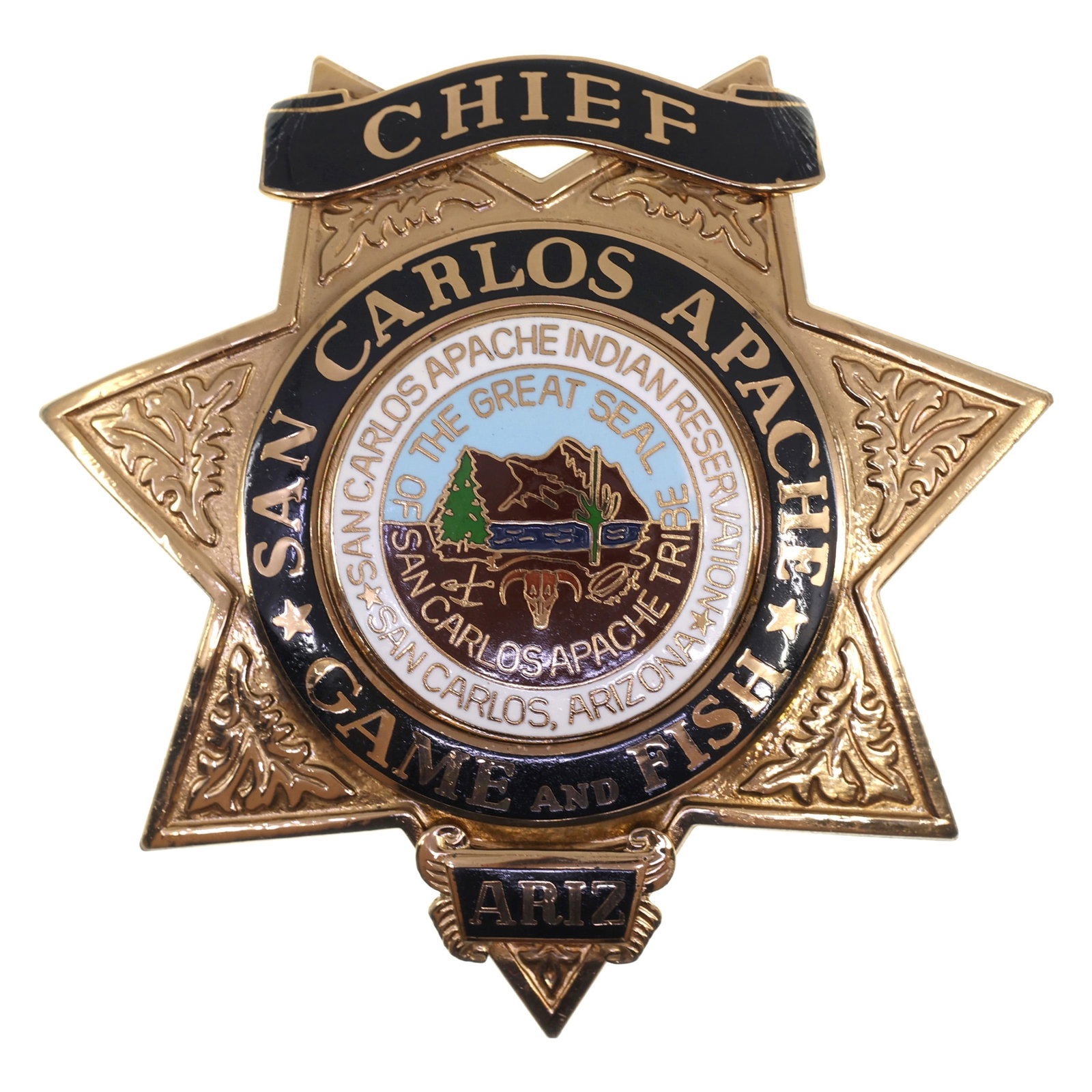 OBSOLETE SAN CARLOS APACHE GAME & FISH CHIEF BADGE (1 of 2)