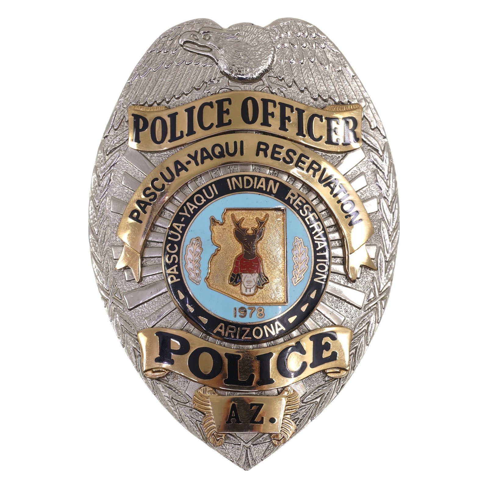OBSOLETE PASCUA-YAQUI RESERVATION POLICE OFFICER BADGE (1 of 2)