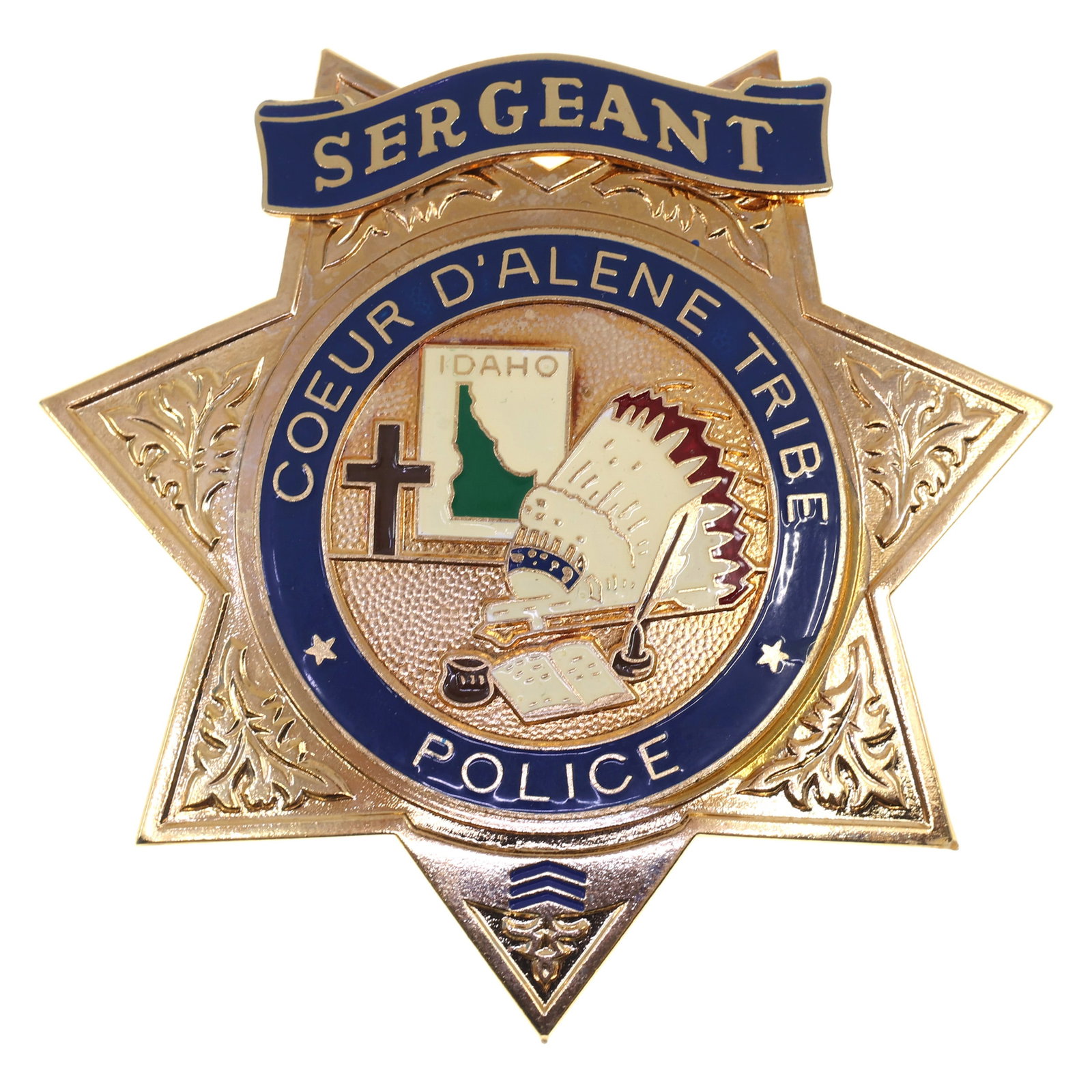 OBSOLETE COEUR D'ALENE ID TRIBE POLICE SERGEANT BADGE: OBSOLETE COEUR D'ALENE ID TRIBE POLICE SERGEANT BADGE Obsolete Coeur D'Alene, Idaho Tribal Police Sergeant Badge. Maker marked by G?de on the reverse. Measurements: 2.75" - 2.75" IMPORTANT NOTE - PLEA