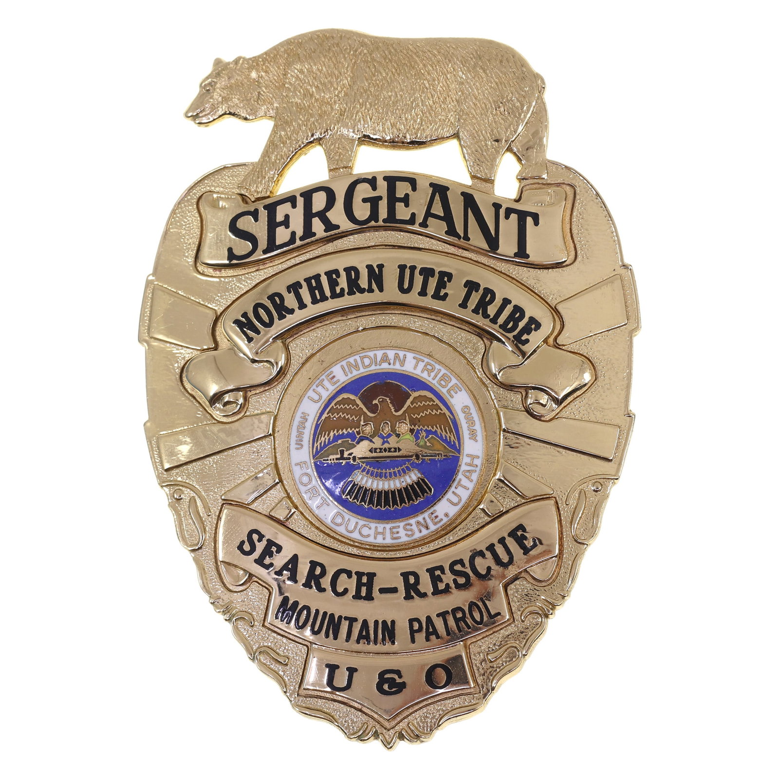 OBSOLETE UTE TRIBE SEARCH & RESCUE SERGEANT BADGE: OBSOLETE UTE TRIBE SEARCH & RESCUE SERGEANT BADGE Obsolete Northern Ute Tribe of Fort Duchesne, Utah Search & Rescue Mountain Patrol Sergeant Badge. Maker marked by Blackinton on the reverse. Measurem