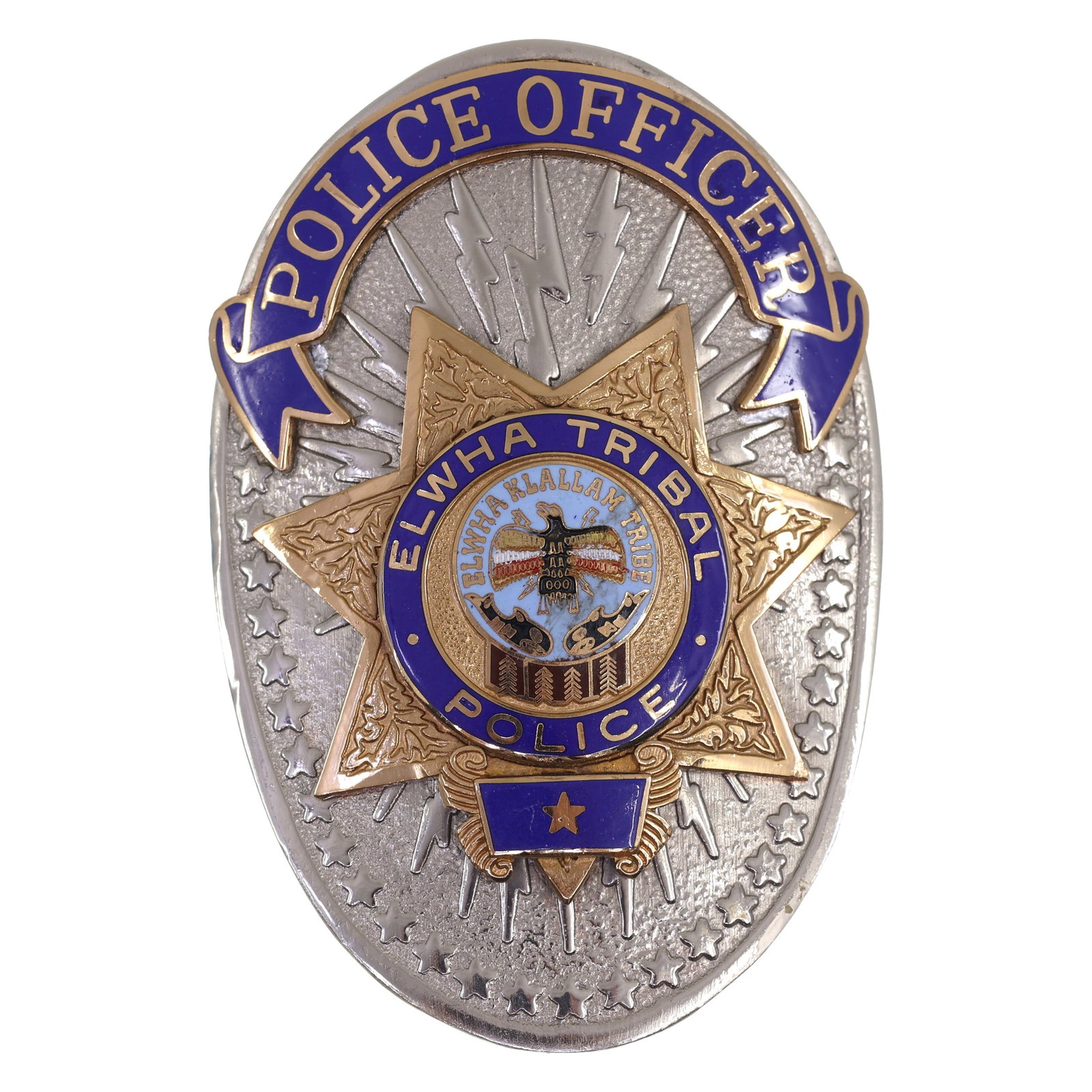 OBSOLETE ELWHA TRIBAL POLICE OFFICER BADGE: OBSOLETE ELWHA TRIBAL POLICE OFFICER BADGE Obsolete Elwha Klallam Tribe, Washington Police Officer Badge. Maker marked by Blazer, Nordeen, & Baird on the reverse. Measurements: 2" - 3" IMPORTANT NOTE