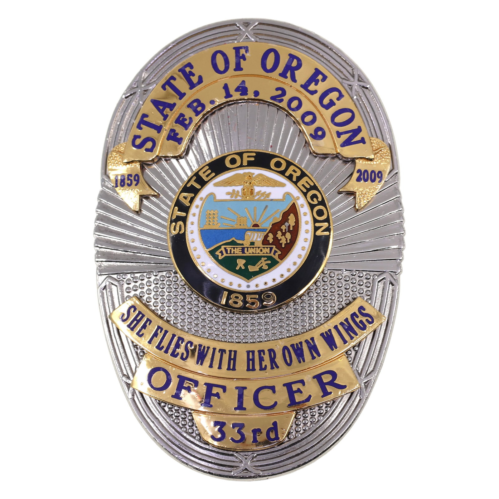 OBSOLETE OREGON STATEHOOD 150 ANNIVERSARY OFFICER BADGE (1 of 2)