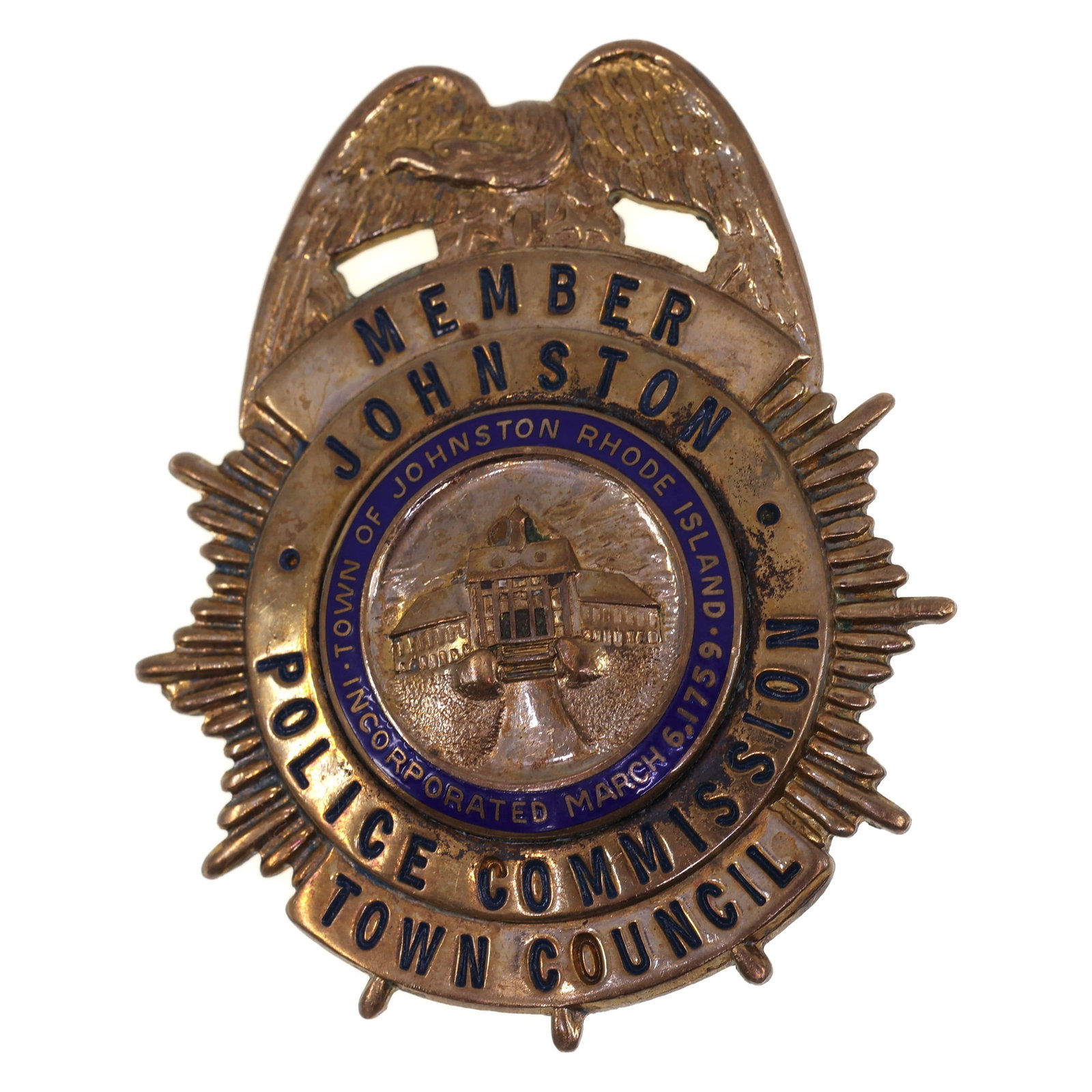 OBSOLETE JOHNSTON RHODE ISLAND POLICE COMMISSION BADGE (1 of 2)