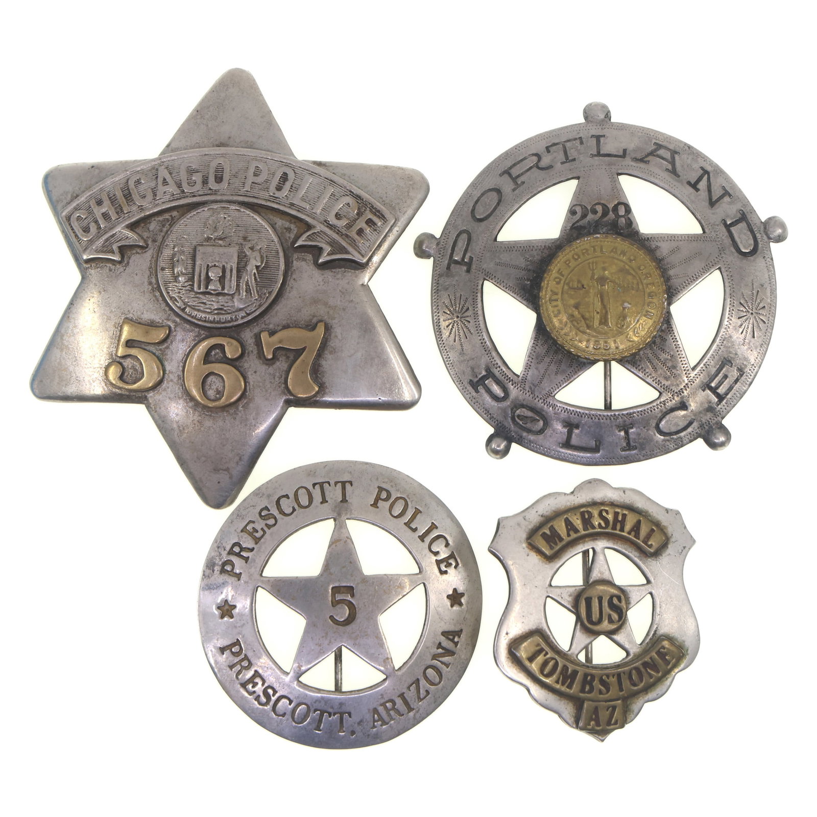 REPLICA LAW ENFORCEMENT BADGES: REPLICA LAW ENFORCEMENT BADGES Replica Law Enforcement Badges: Tombstone, AZ Marshal Portland, OR Police #228 Chicago, IL Police #567 Prescott, AZ Police #5