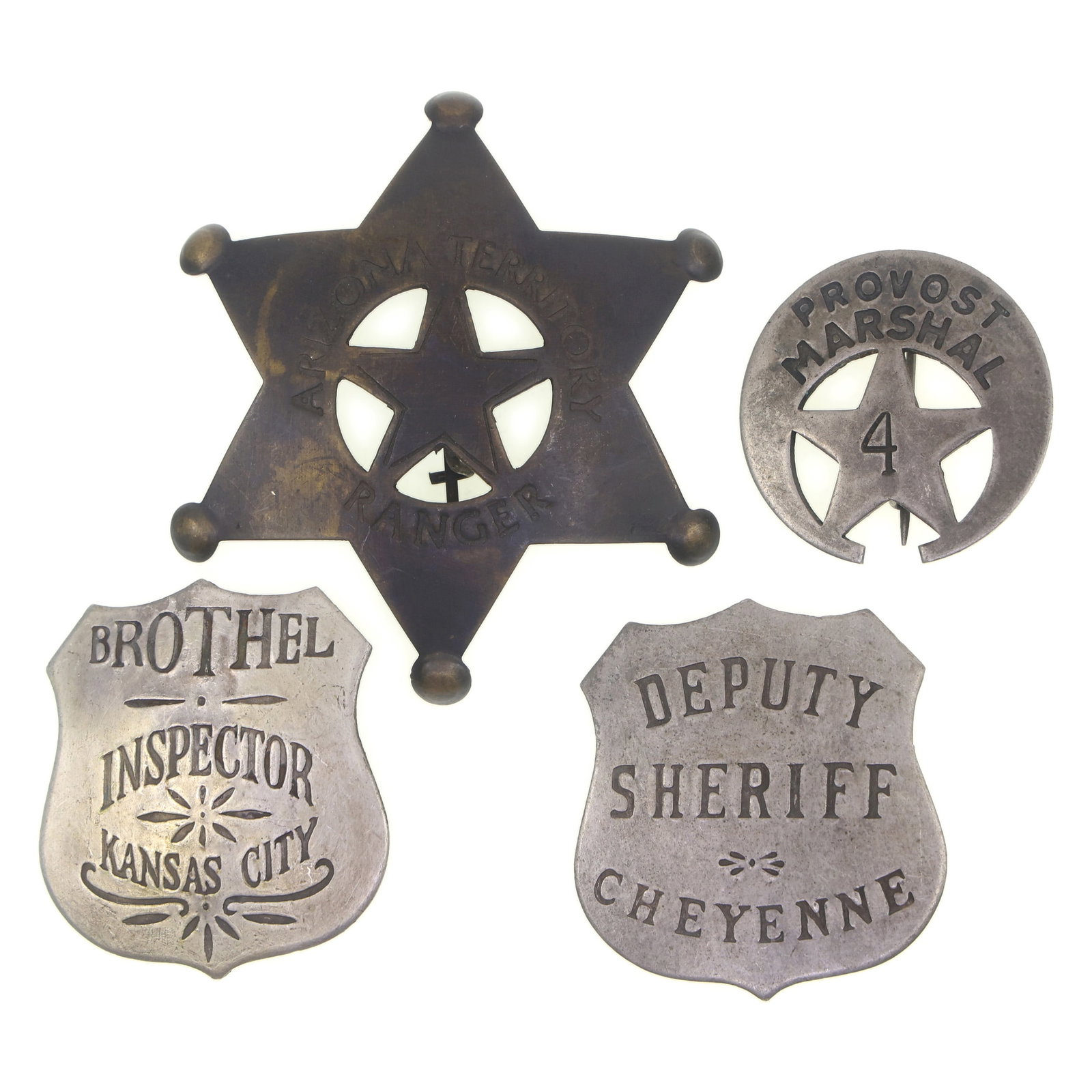 REPLICA WILD WEST LAW ENFORCEMENT BADGES: REPLICA WILD WEST LAW ENFORCEMENT BADGES Replica Wild West law enforcement badges: Arizona Territory Ranger Cheyenne Deputy Sheriff Provost Marshal #4 Kansas City Brothel Inspector<